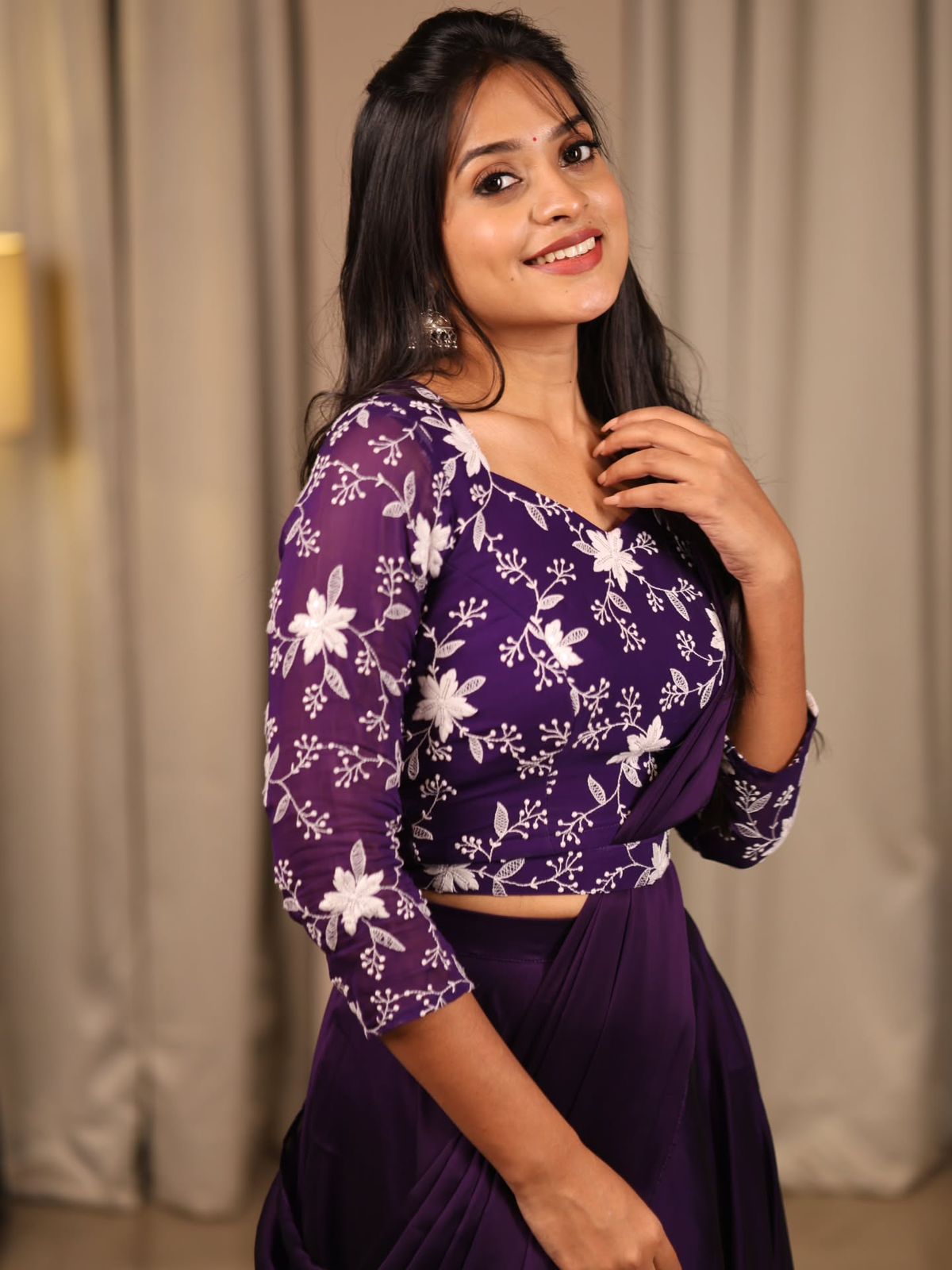 Violet Designer Embroidered Lehenga Choli Set with Stitched Blouse & Dupatta