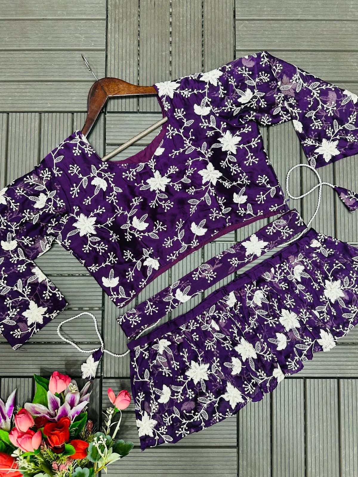 Violet Designer Embroidered Lehenga Choli Set with Stitched Blouse & Dupatta