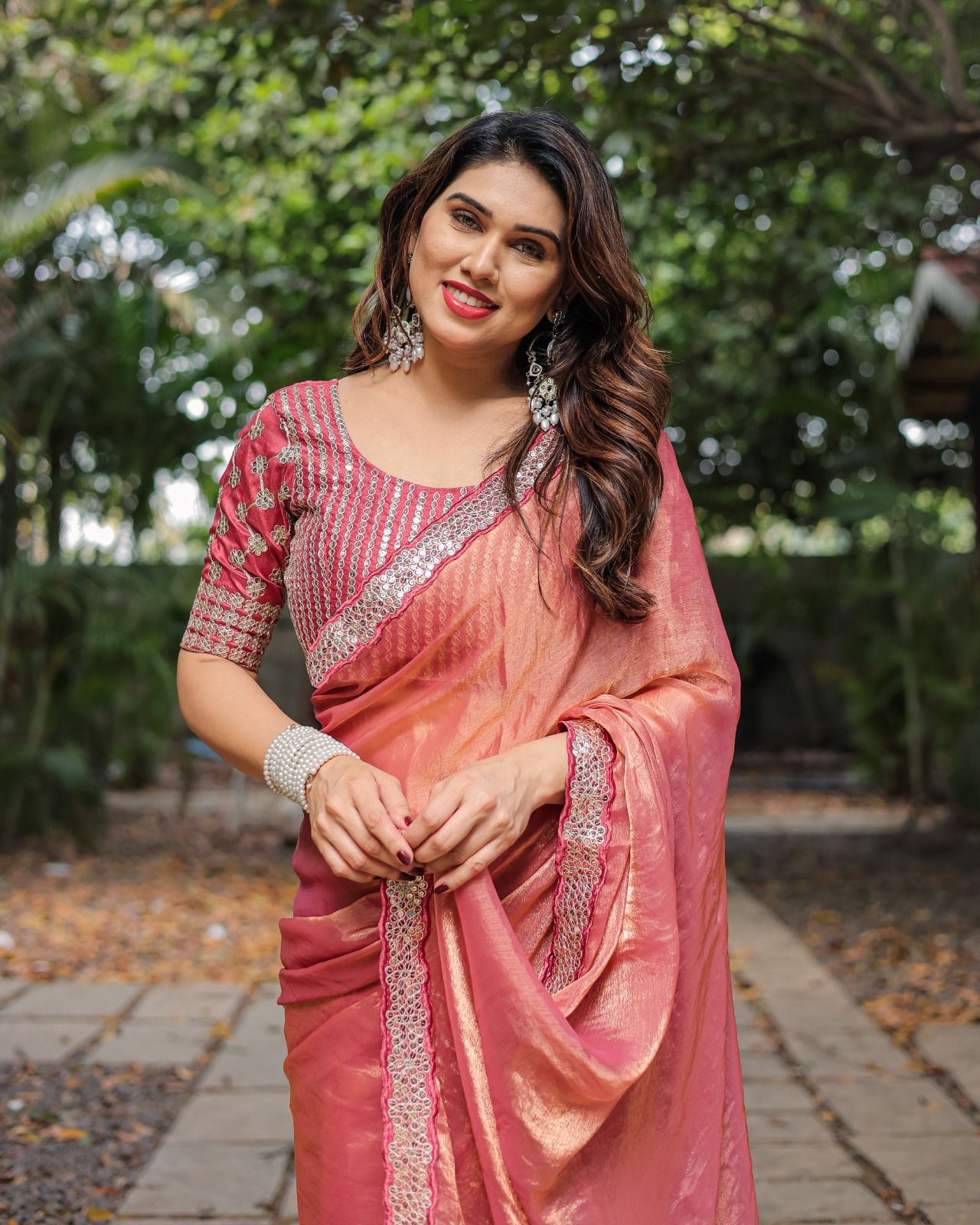 Fandy Chiffon saree -Sequence Lace Border with Embroidered Blouse