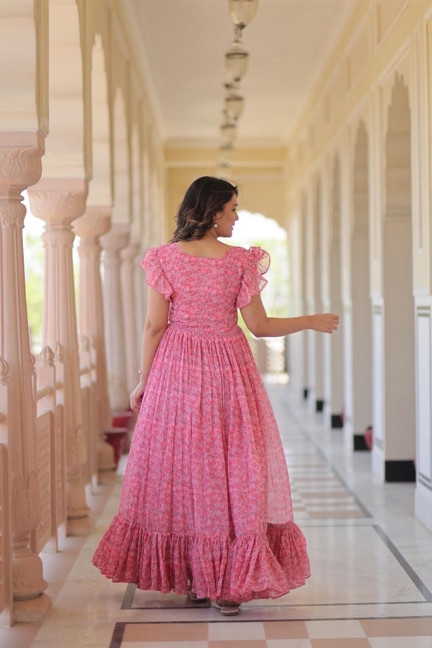 Faux Georgette Printed Flared Gown with Bell Sleeves – Baby Pink