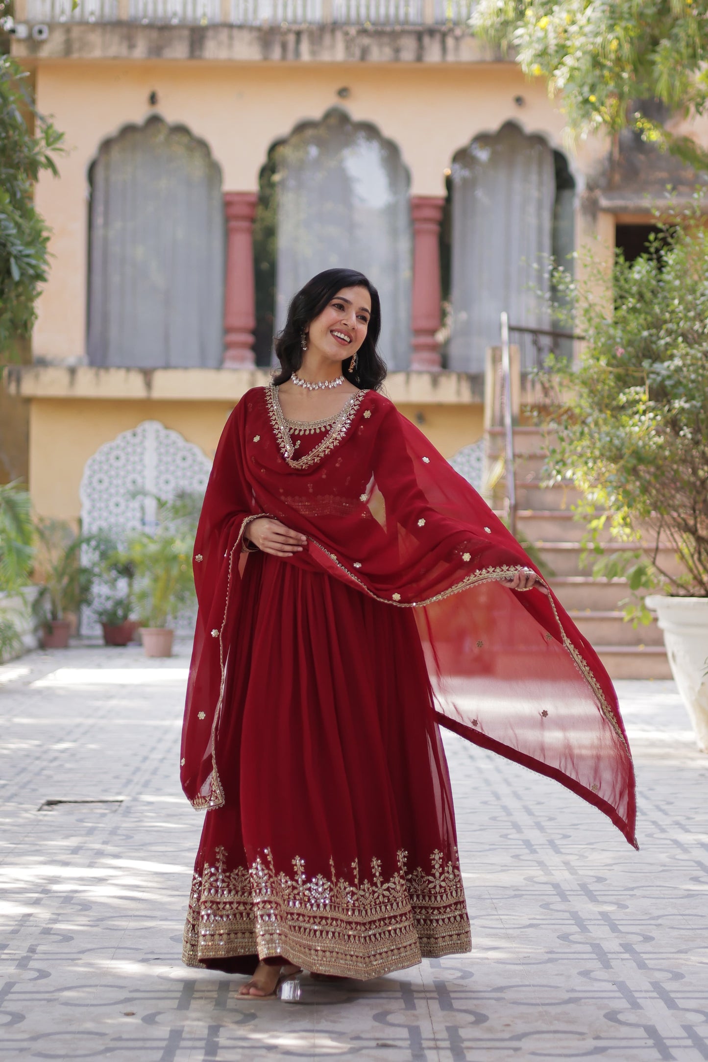 Premium Embroidered Faux Georgette Anarkali set with Dupatta – Red