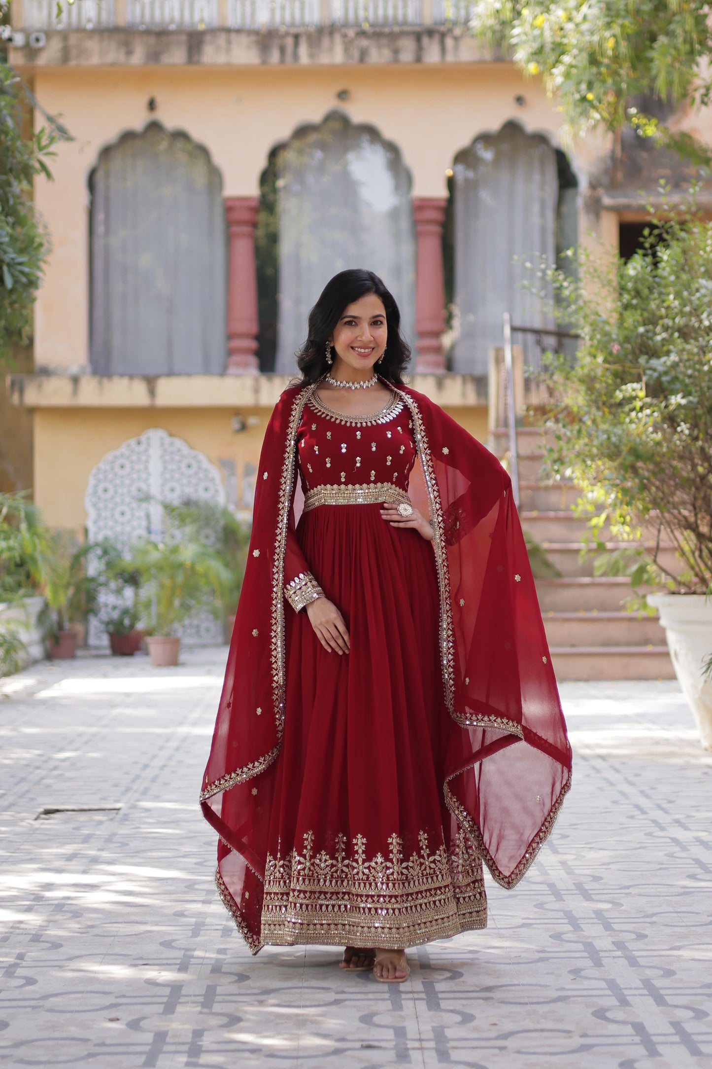 Premium Embroidered Faux Georgette Anarkali set with Dupatta – Red