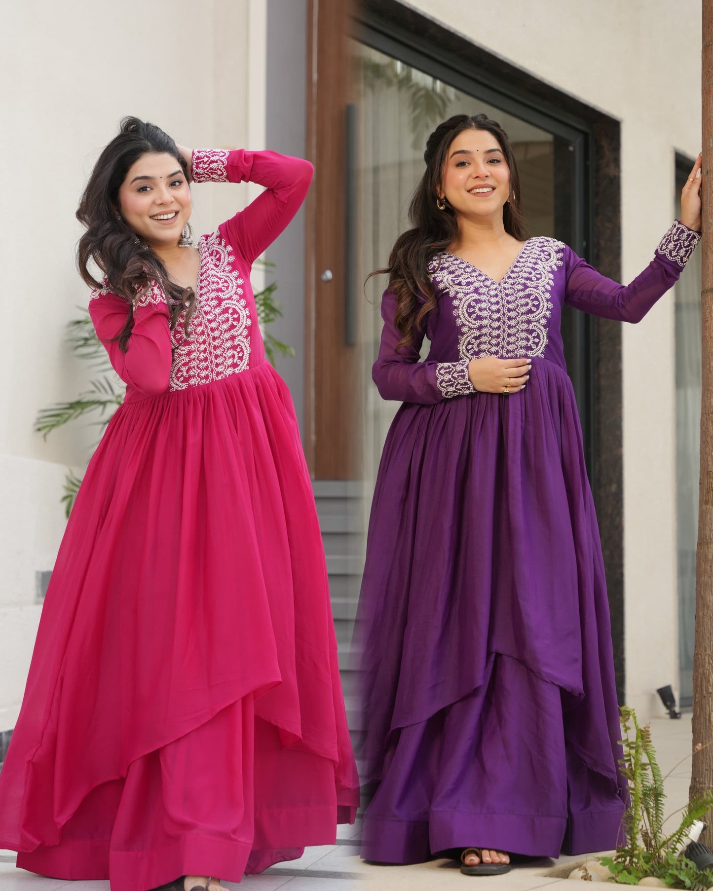 Designer Double Flair Gown – Purple Star Georgette