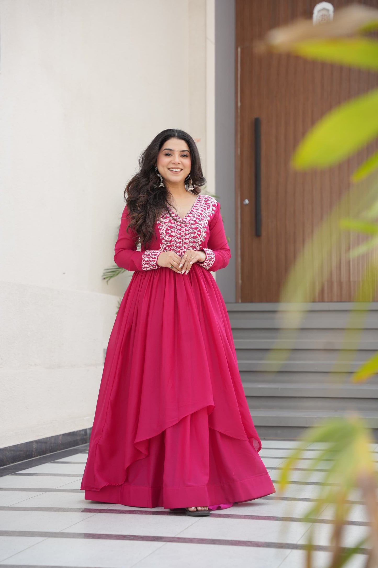Premium Double Flair Georgette Gown for Women – Embroidery & Sequins Work | Pink