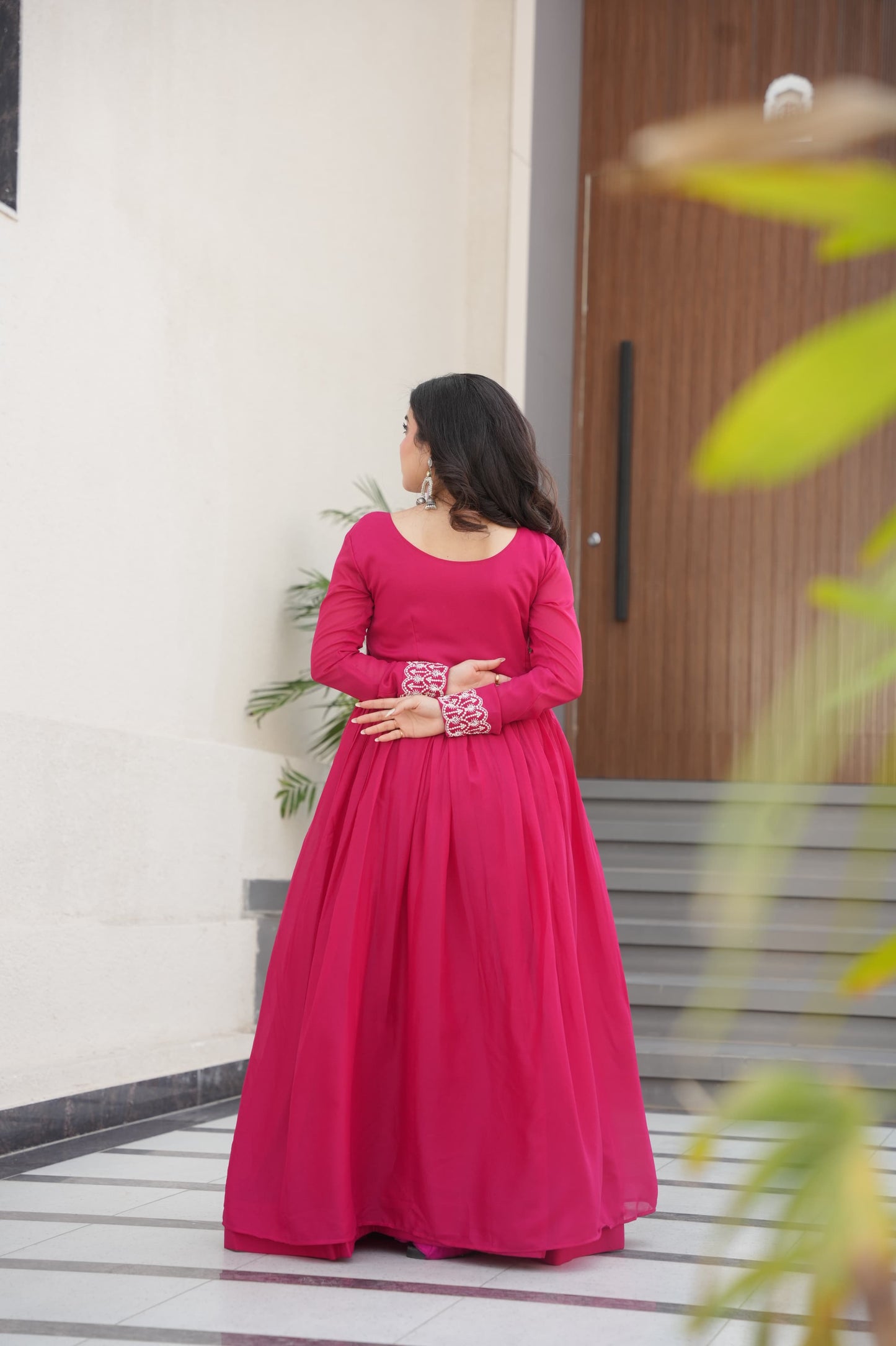 Premium Double Flair Georgette Gown for Women – Embroidery & Sequins Work | Pink