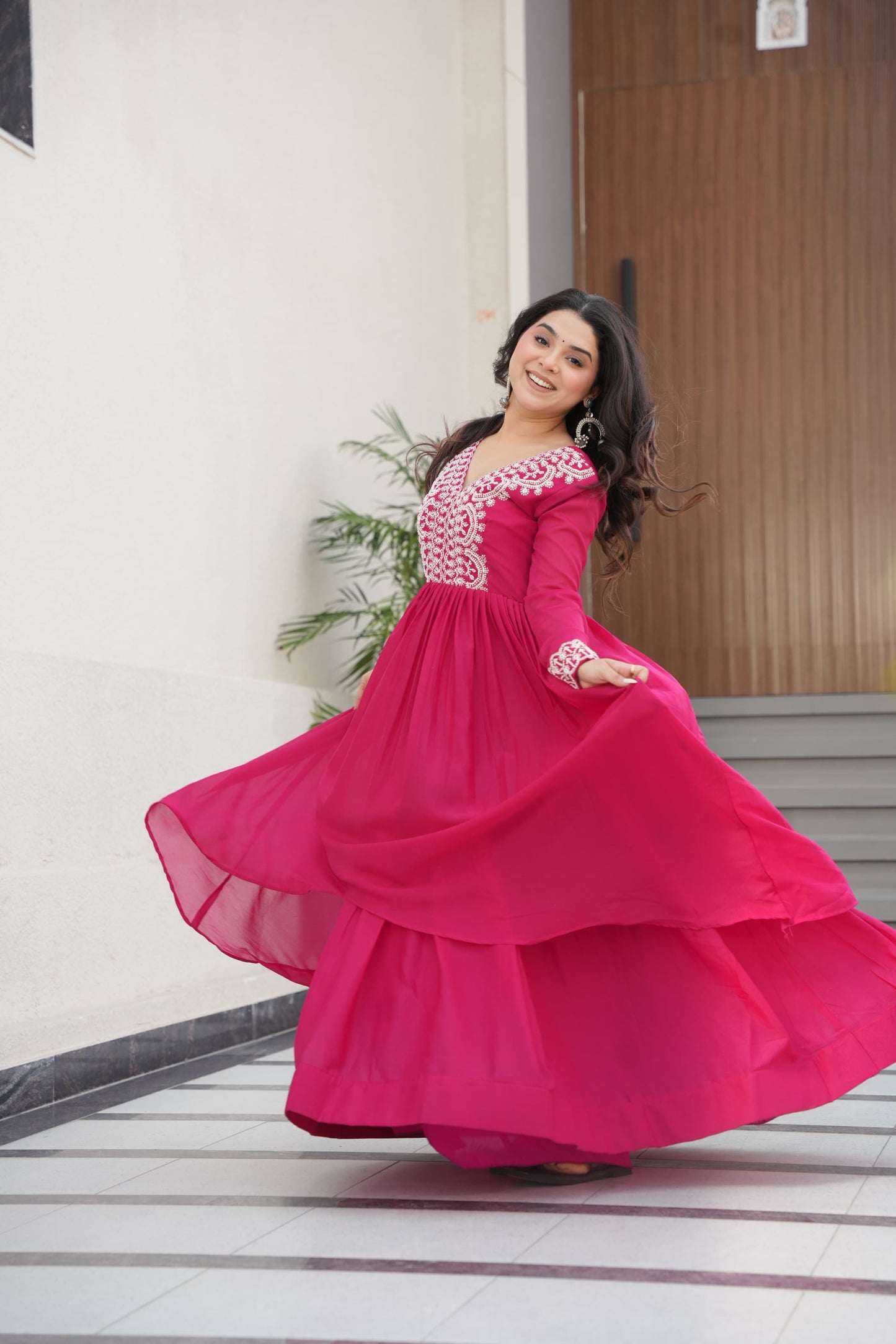 Premium Double Flair Georgette Gown for Women – Embroidery & Sequins Work | Pink