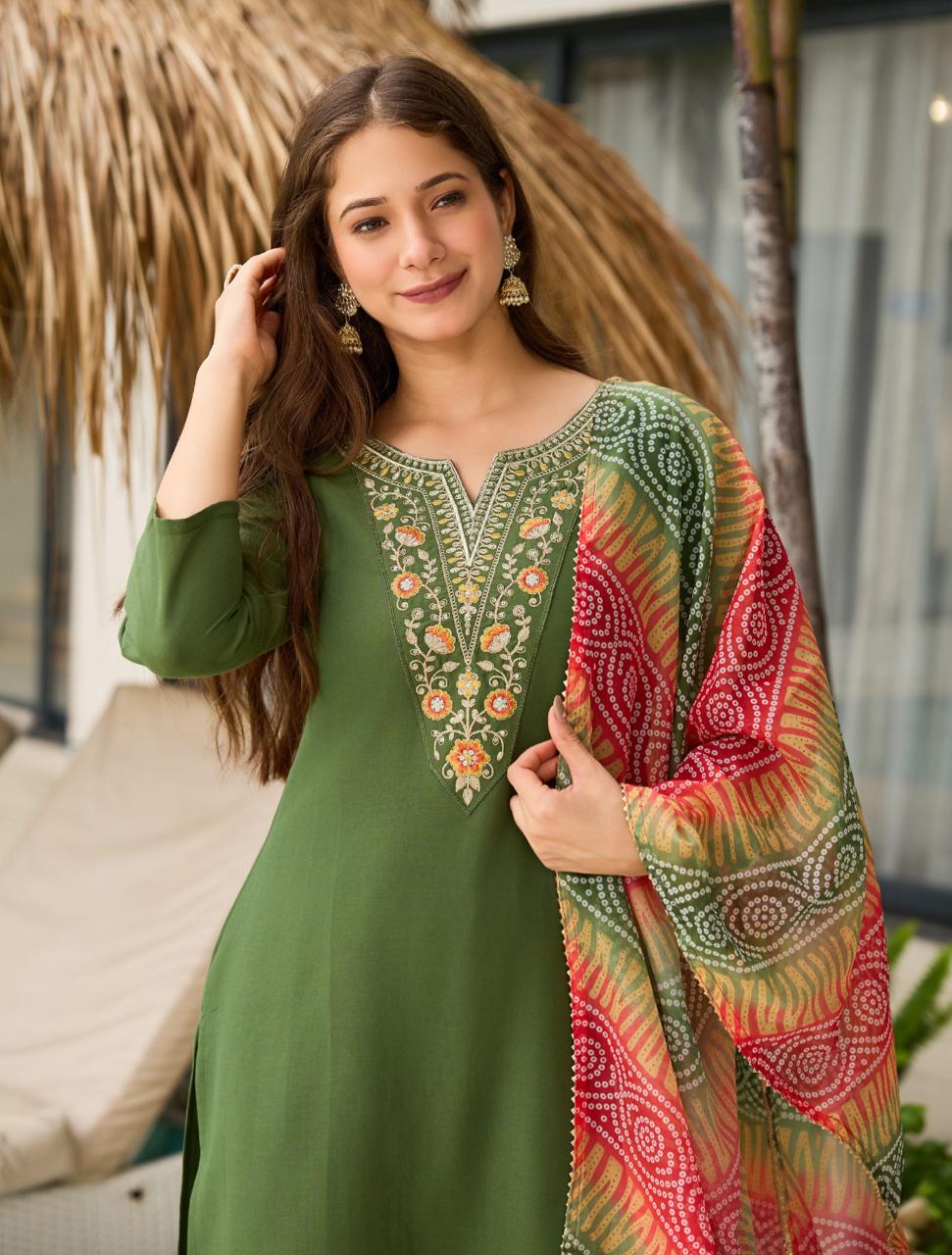 Embroidered Ethnic Wear Elegant Mahendi Rayon Straight Kurti Pant Dupatta Set