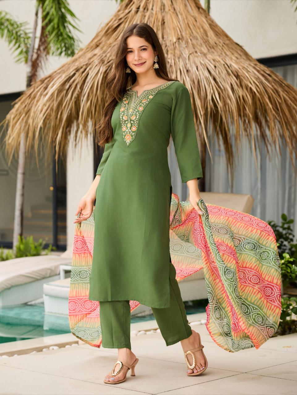 Embroidered Ethnic Wear Elegant Mahendi Rayon Straight Kurti Pant Dupatta Set