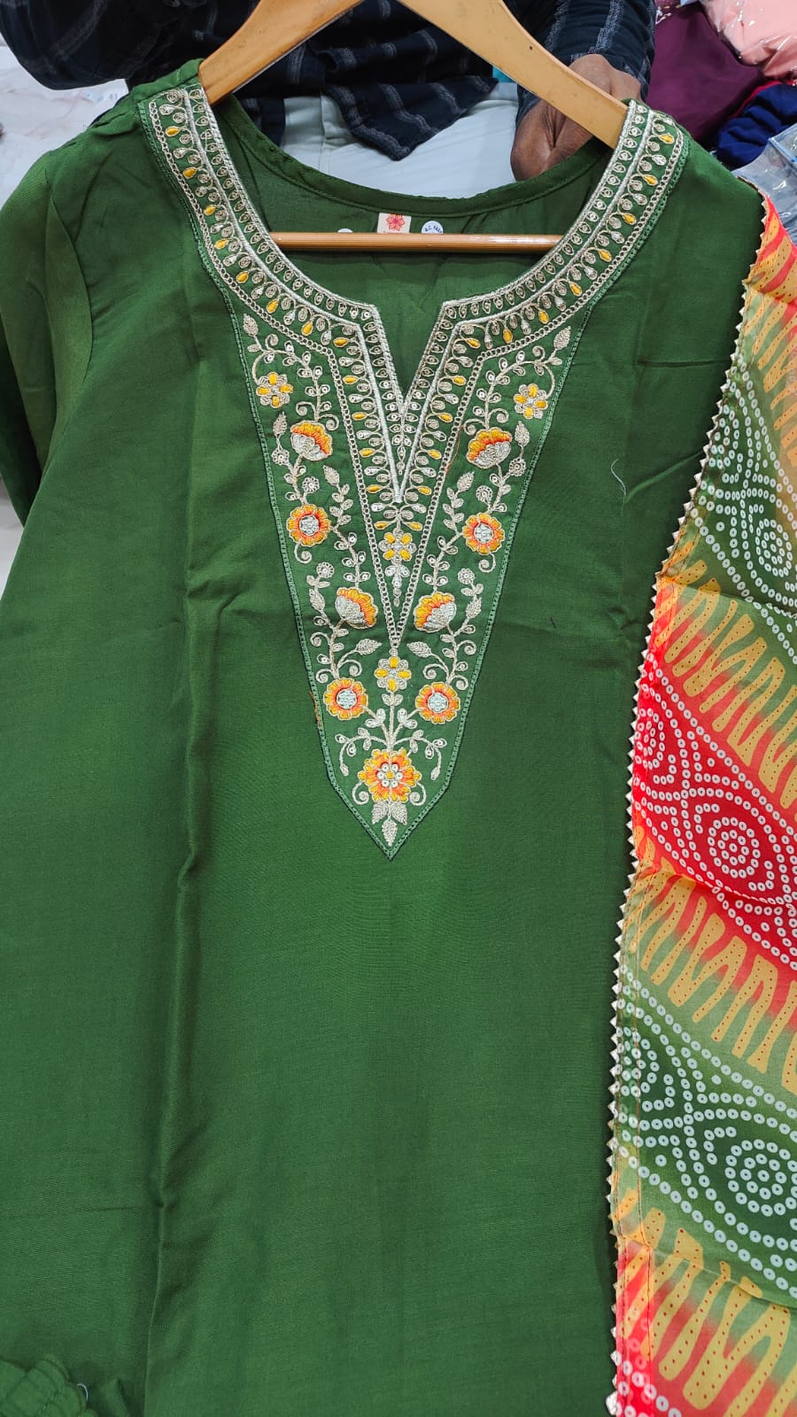 Embroidered Ethnic Wear Elegant Mahendi Rayon Straight Kurti Pant Dupatta Set