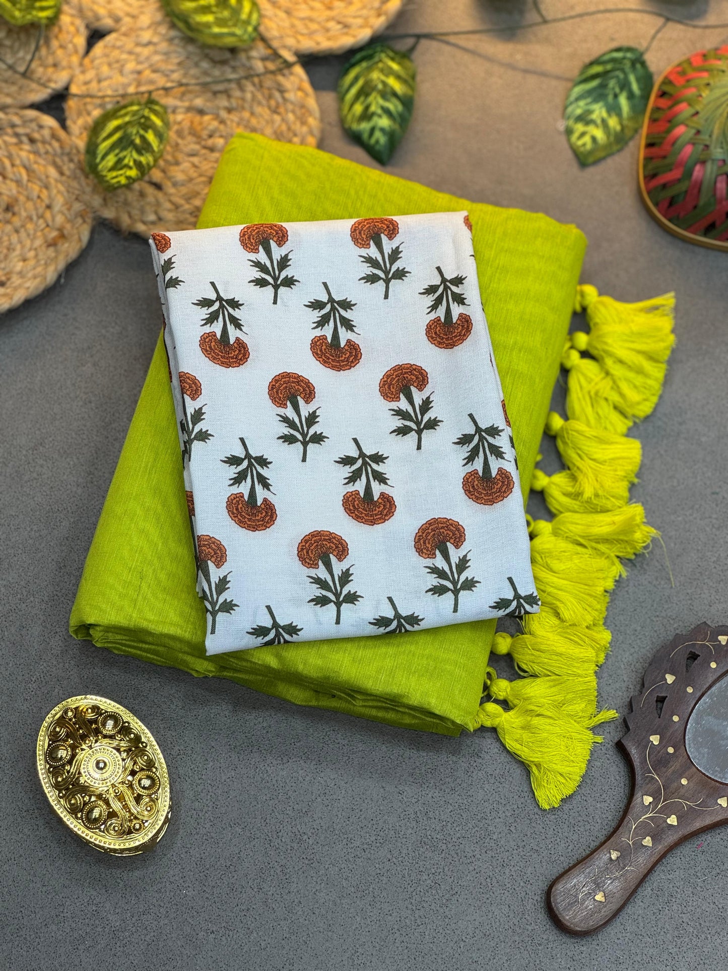 Light Green Handloom Chanderi Saree with Fancy Tassels & White Floral Print Blouse