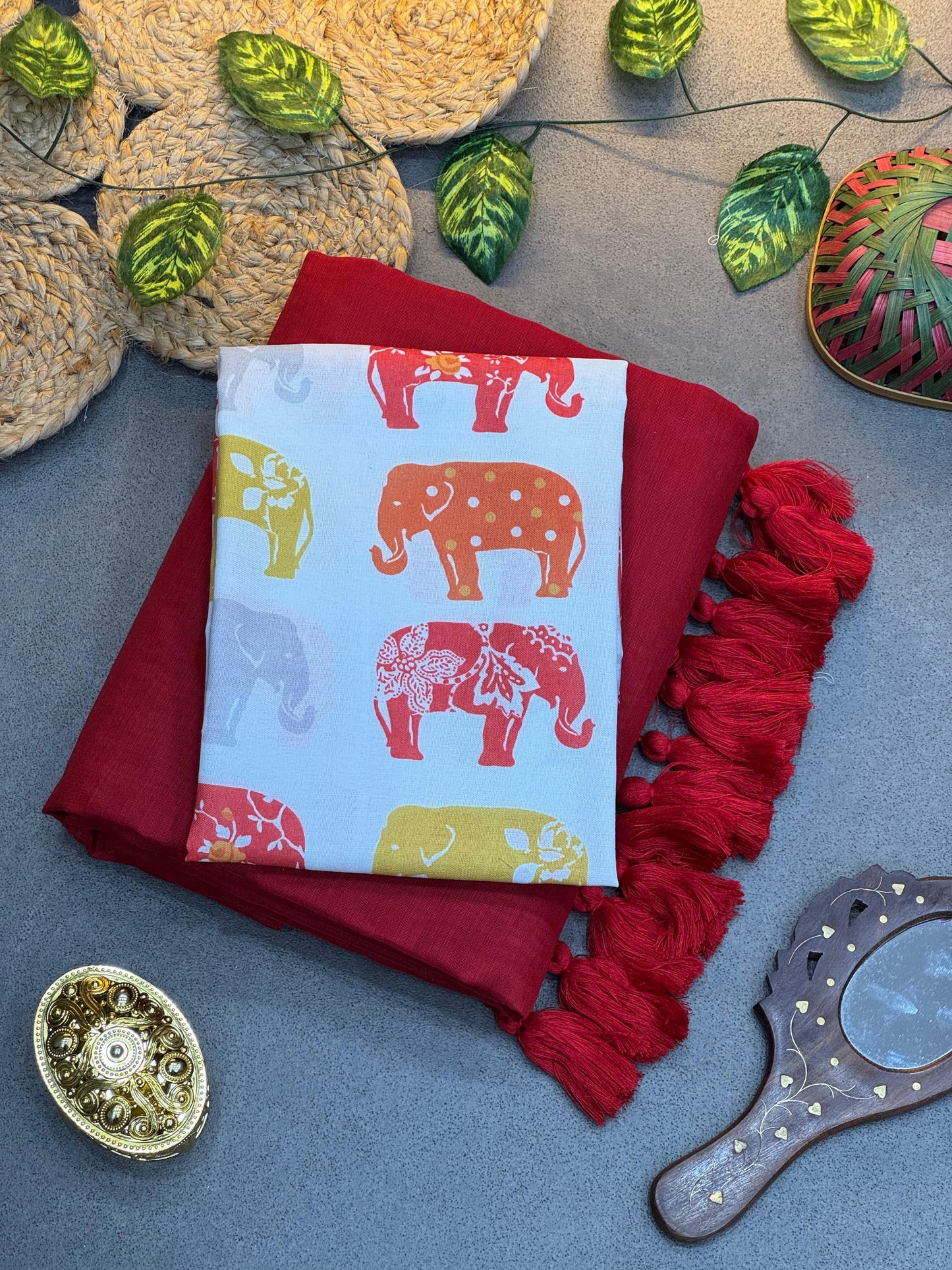Elegant Red Chanderi Handloom Saree with White Elephant Print Blouse