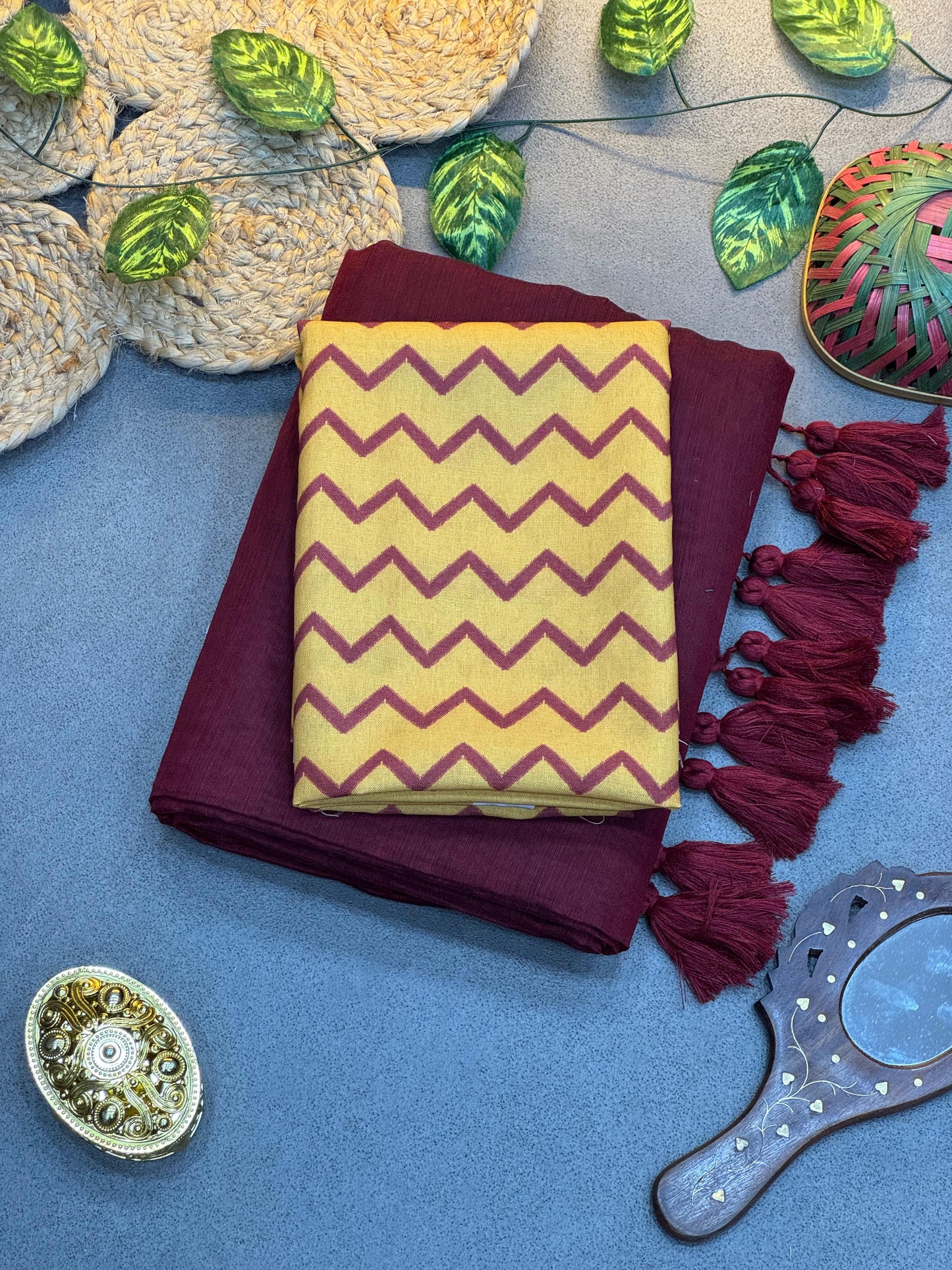 Brown Handloom Chanderi Saree with Fancy Tassels & Beige Blouse