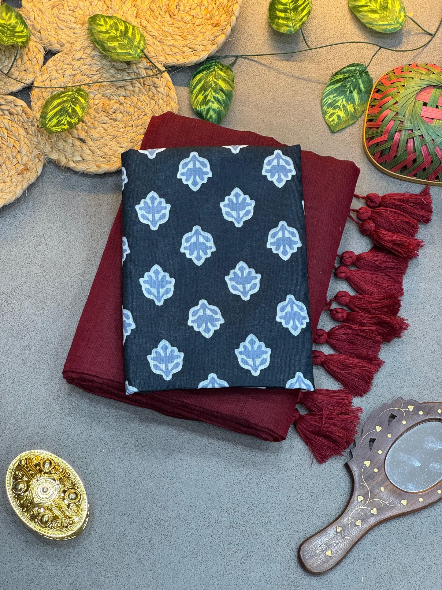 Maroon Handloom Chanderi Saree with Fancy Tassels ❤️ & Navy Blue Blouse