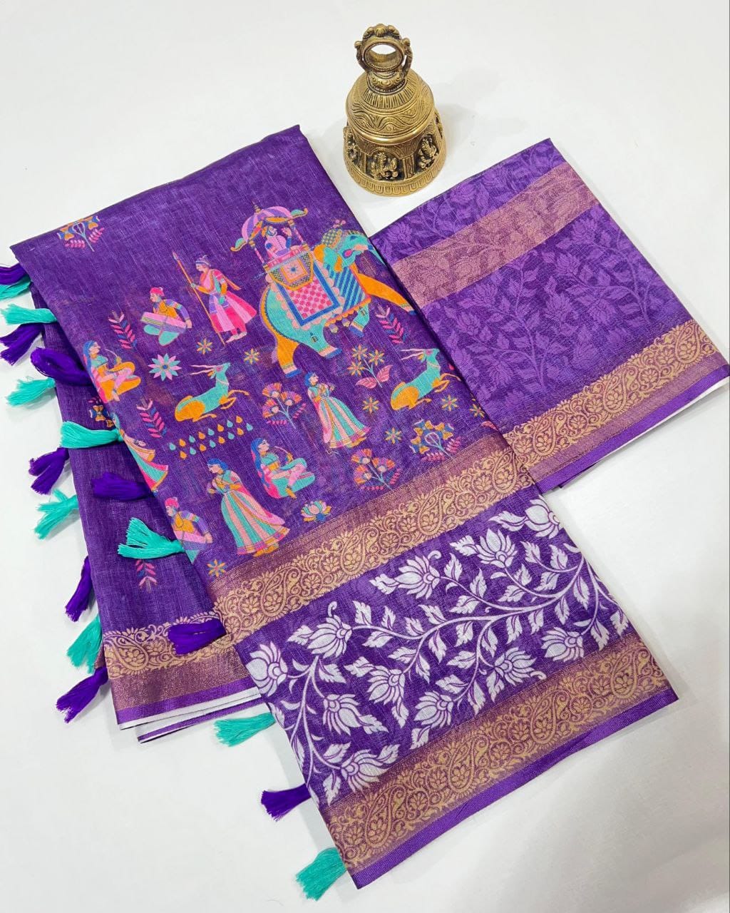 Kalamkari Gold Linen Saree with Weaving Patta & Digital Blouse