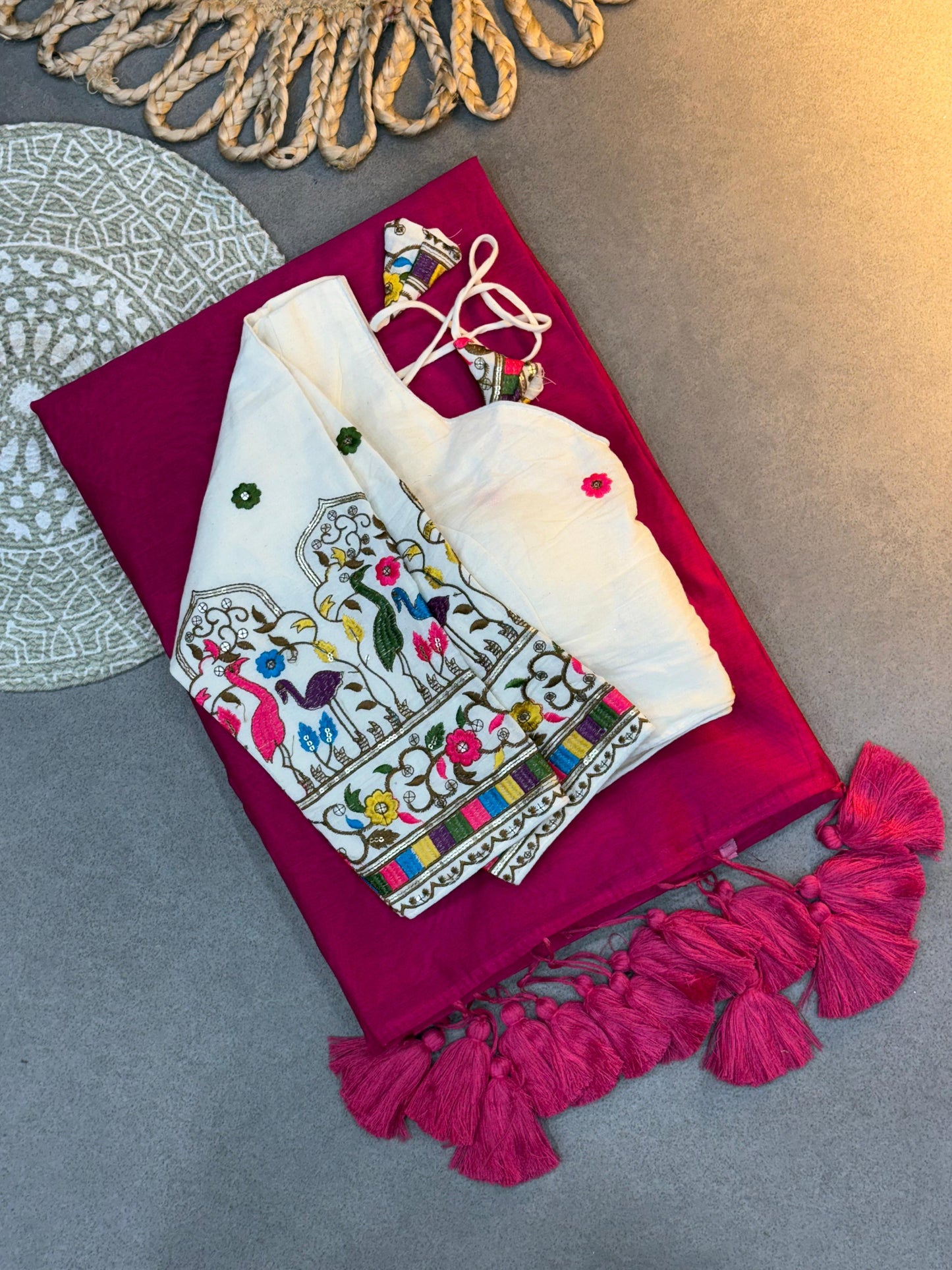 Elegant Handloom Look Pink Khadi Cotton Saree with White Embroidered Blouse