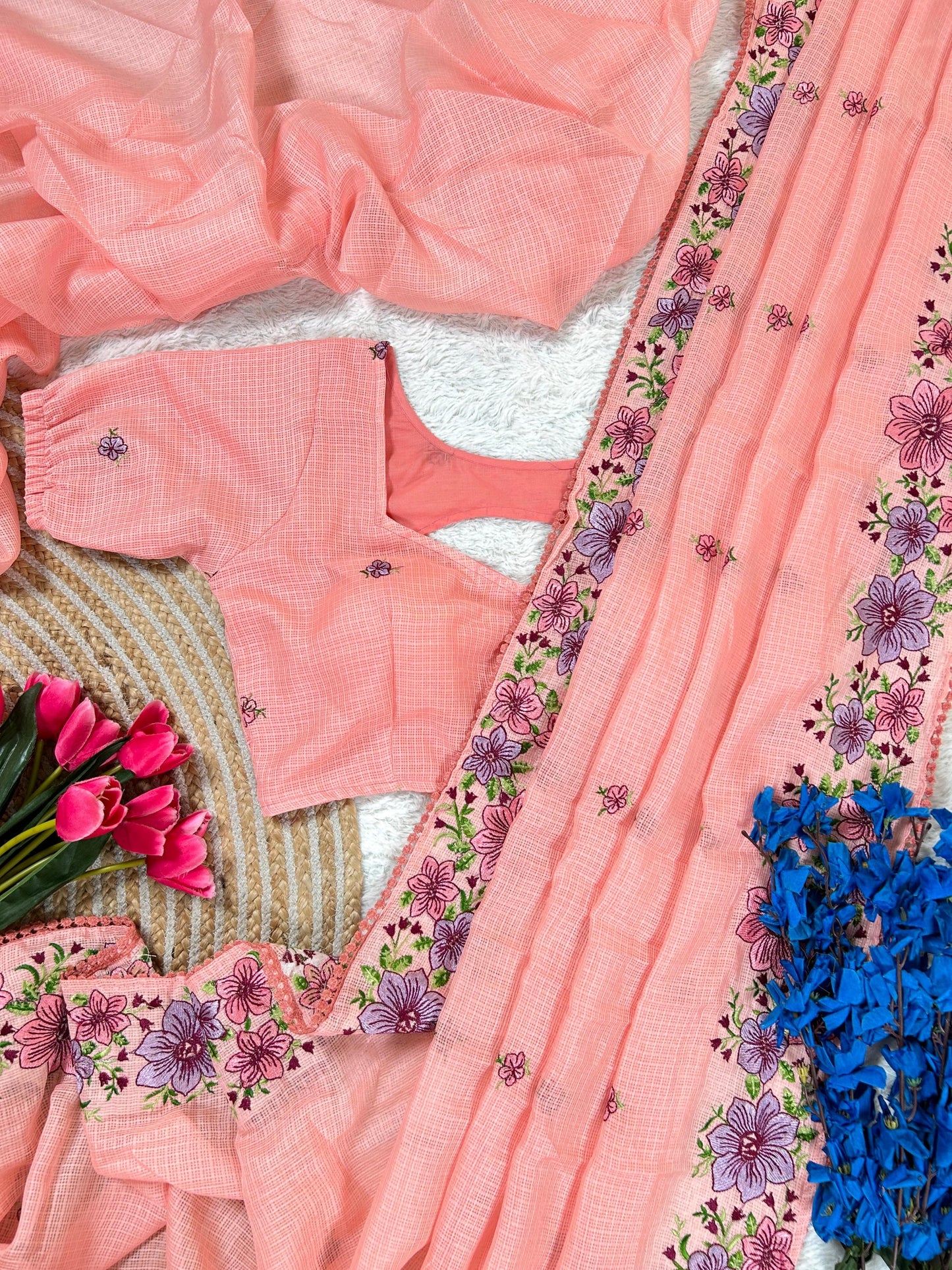 Elegant Kota Cotton Saree with Multi Thread Work & Fancy Border – Peach