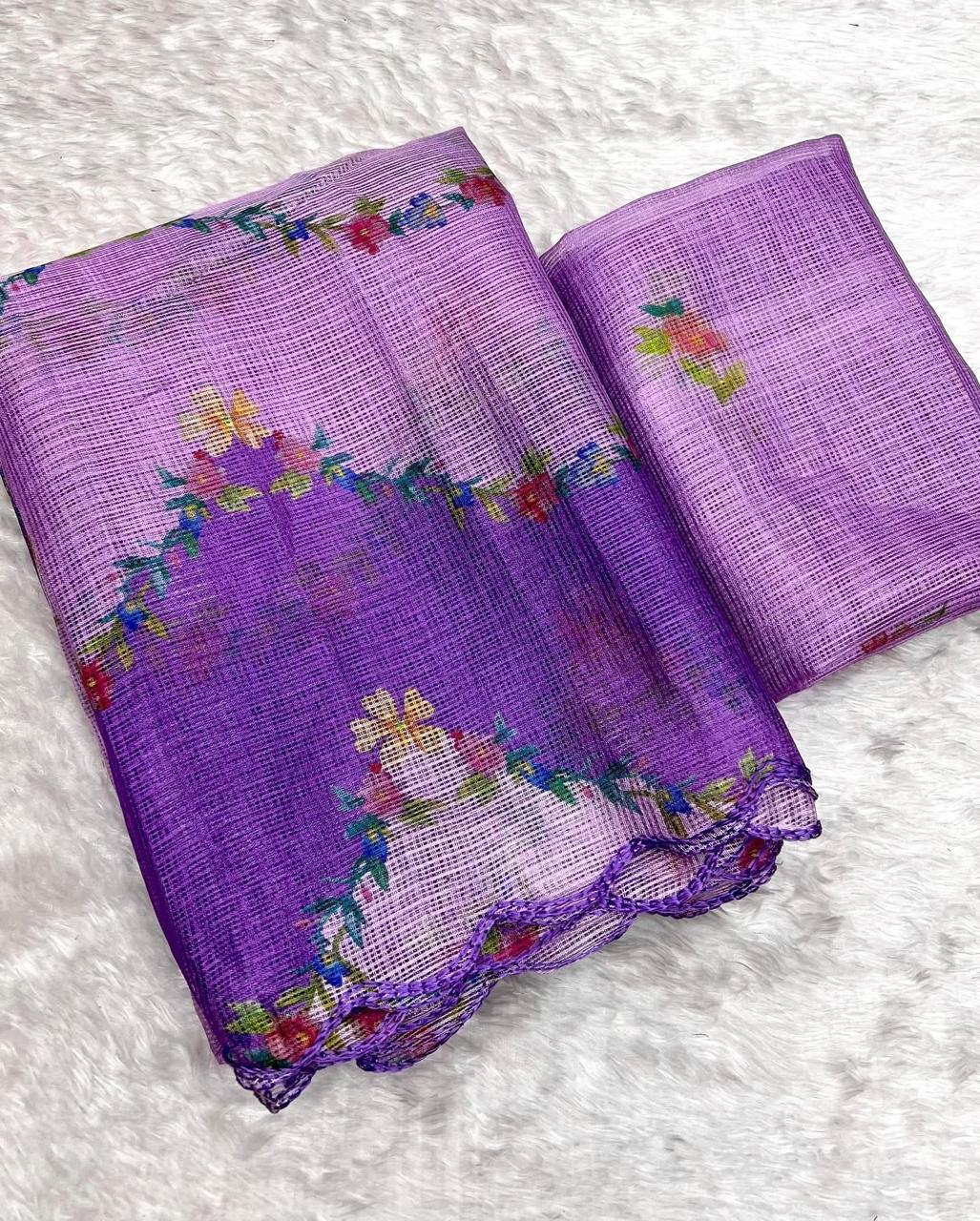 Elegant Soft Kota Chex Saree with Floral Print & Arca Work+ printed blouse
