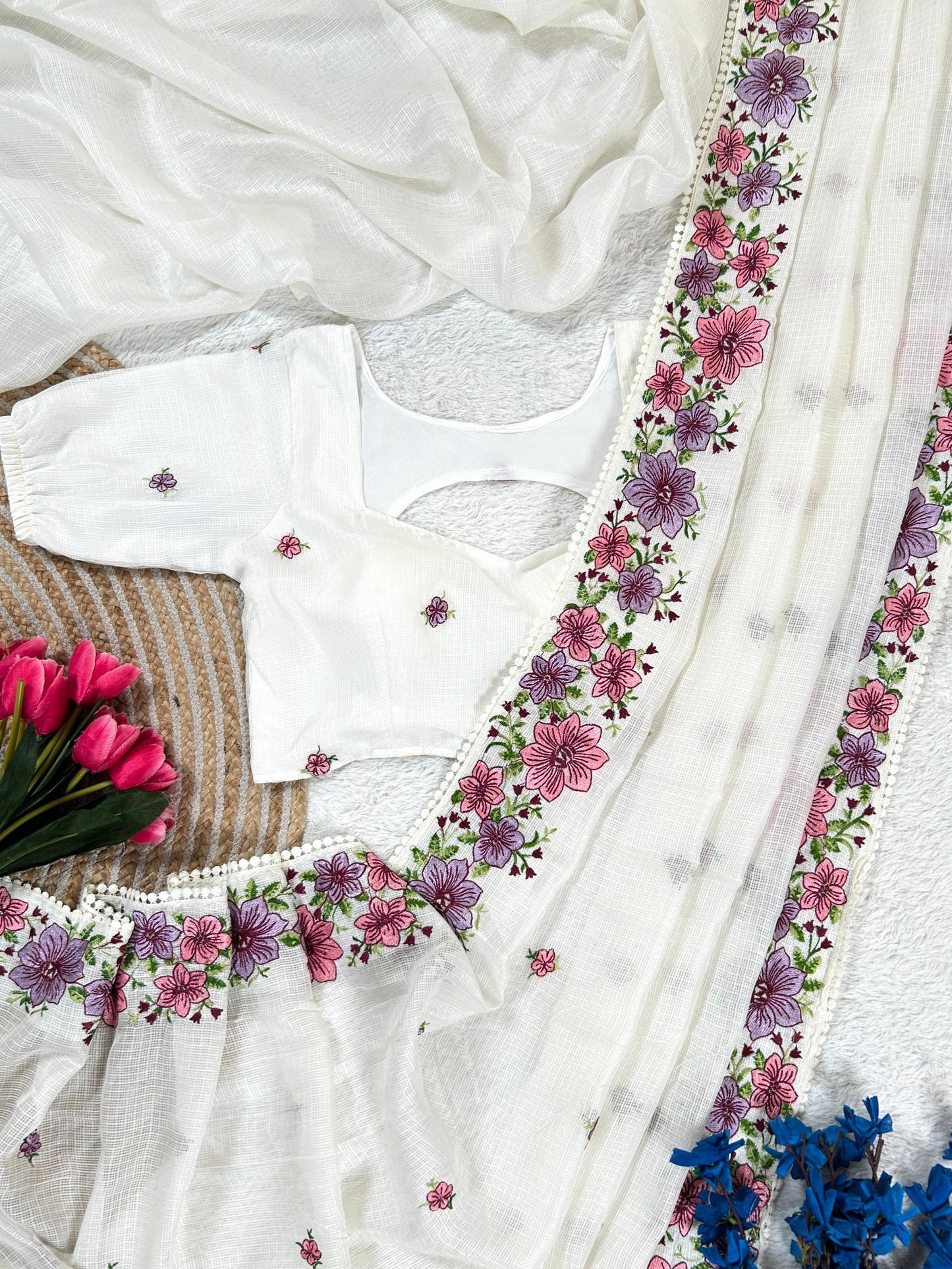 Elegant Kota Cotton Saree with Multi Thread Work & Fancy Border-White