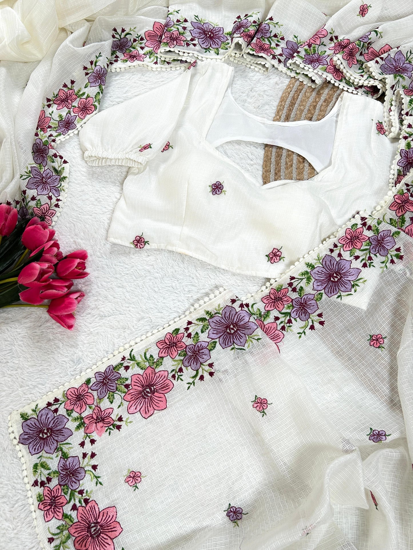 Elegant Kota Cotton Saree with Multi Thread Work & Fancy Border-White