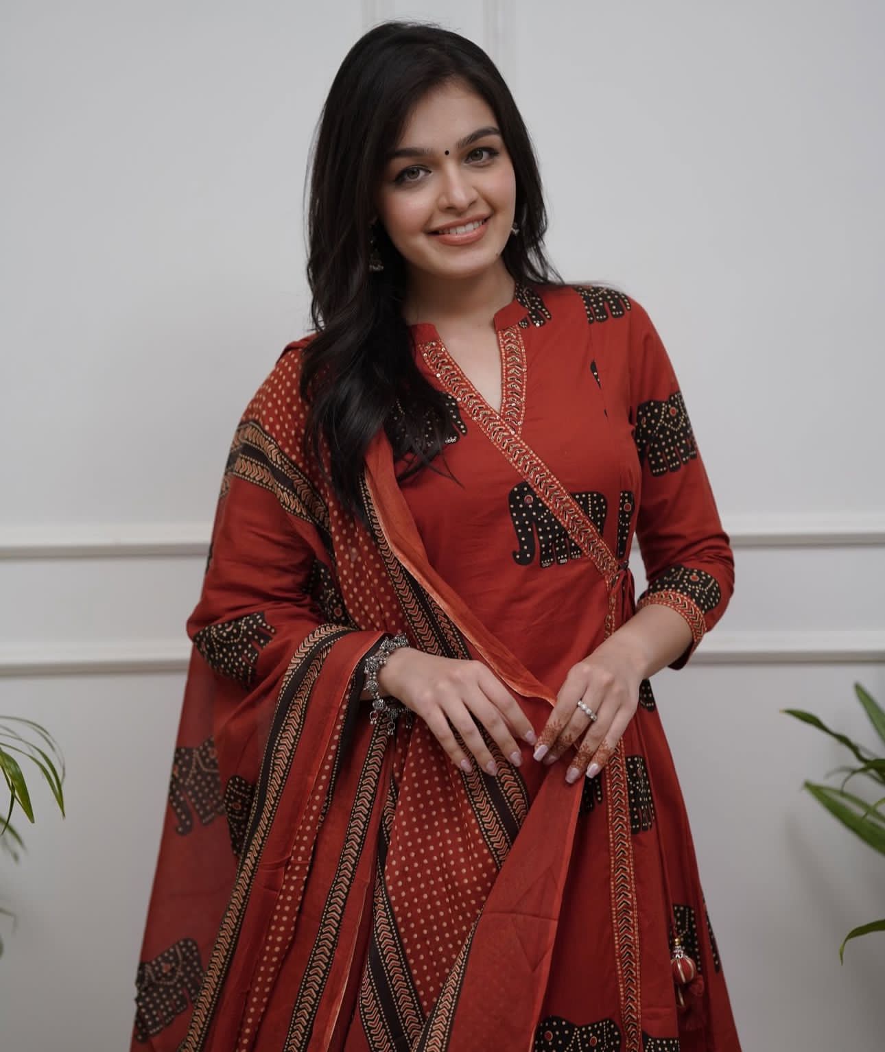 Angrakha Cotton Kurta Set with Dupatta Elegant Ethnic Wear for Women - Red Color