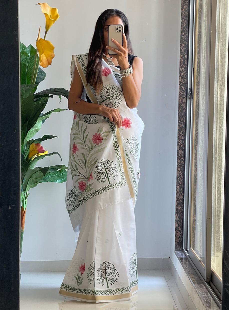 Perfect for Casual & Semi-Formal Wear Elegant Linen Cotton Saree with Digital Print Border