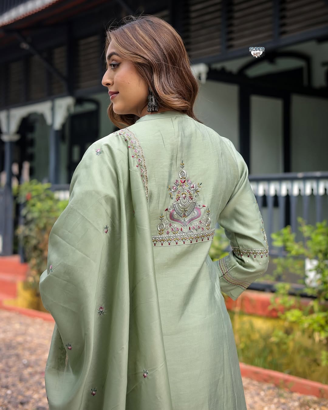 Elegant Muslin Silk Anarkali Set with Embroidered Chanderi Dupatta - Pista Green