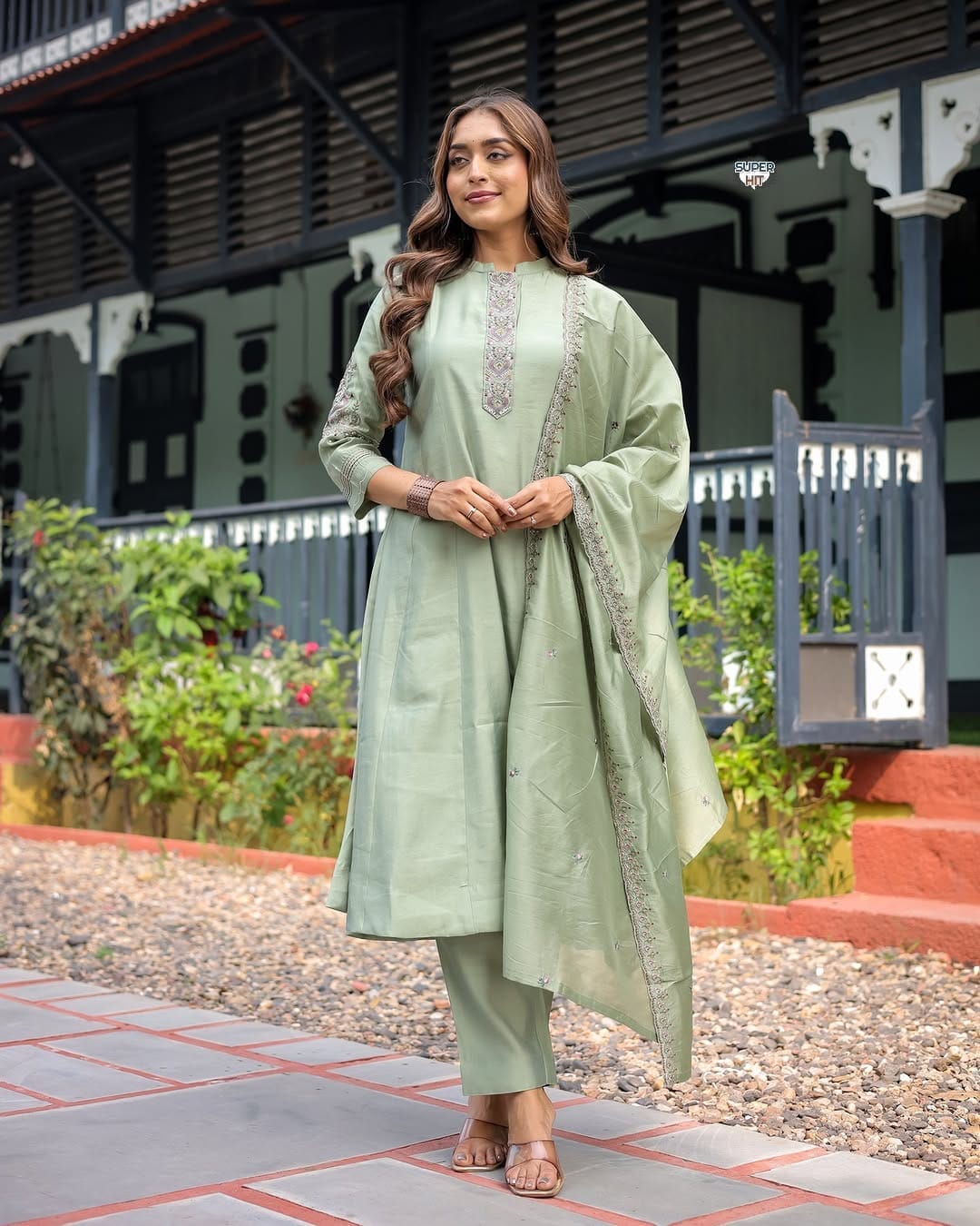 Elegant Muslin Silk Anarkali Set with Embroidered Chanderi Dupatta - Pista Green