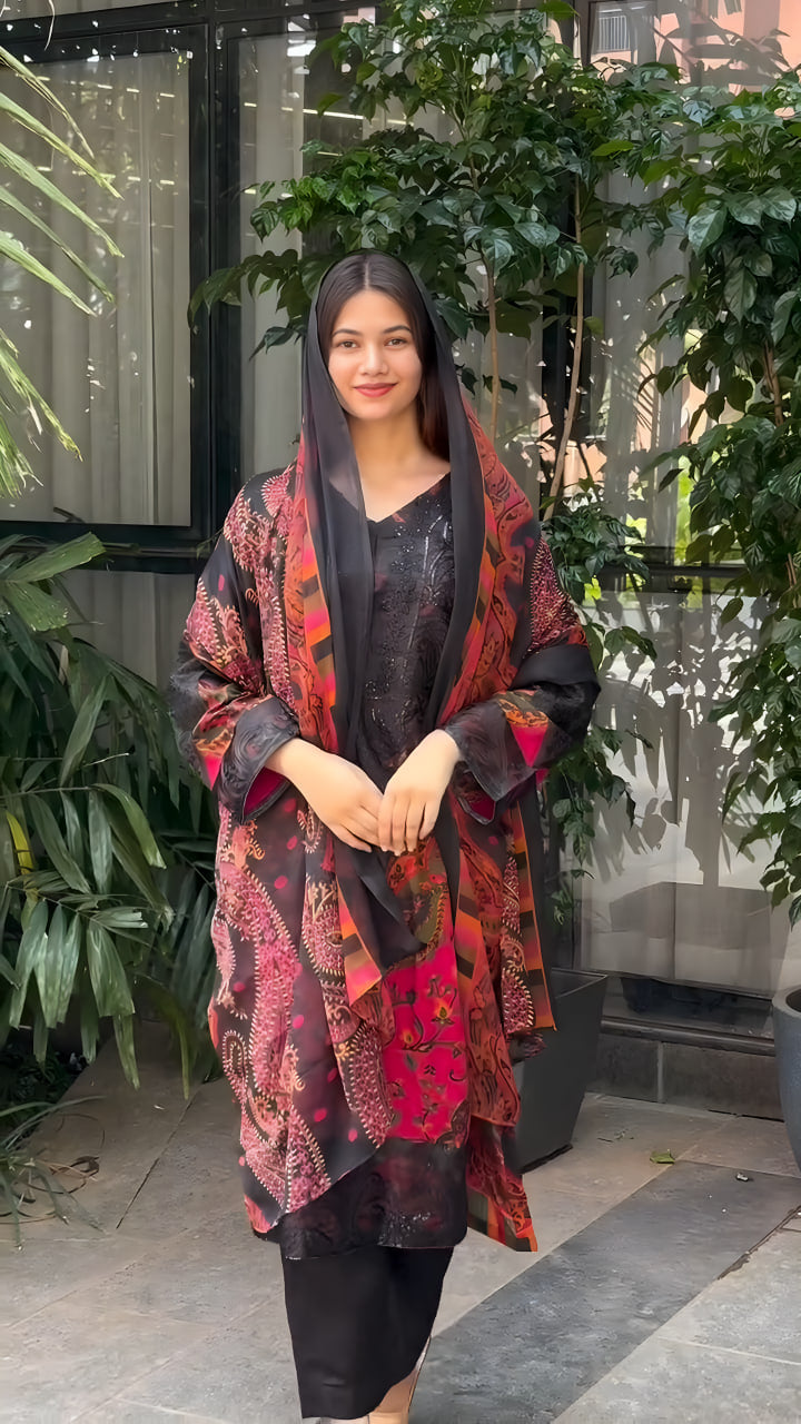 Heavy Muslin Cotton Kurti Set with Digital Print, Mirror Work & Dupatta