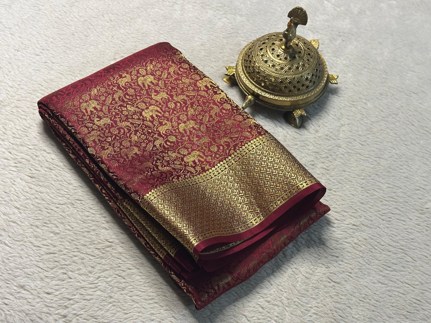 Pure Brocade Mysore Silk Saree with Zari Weaving & Jaccard Contrast Blouse