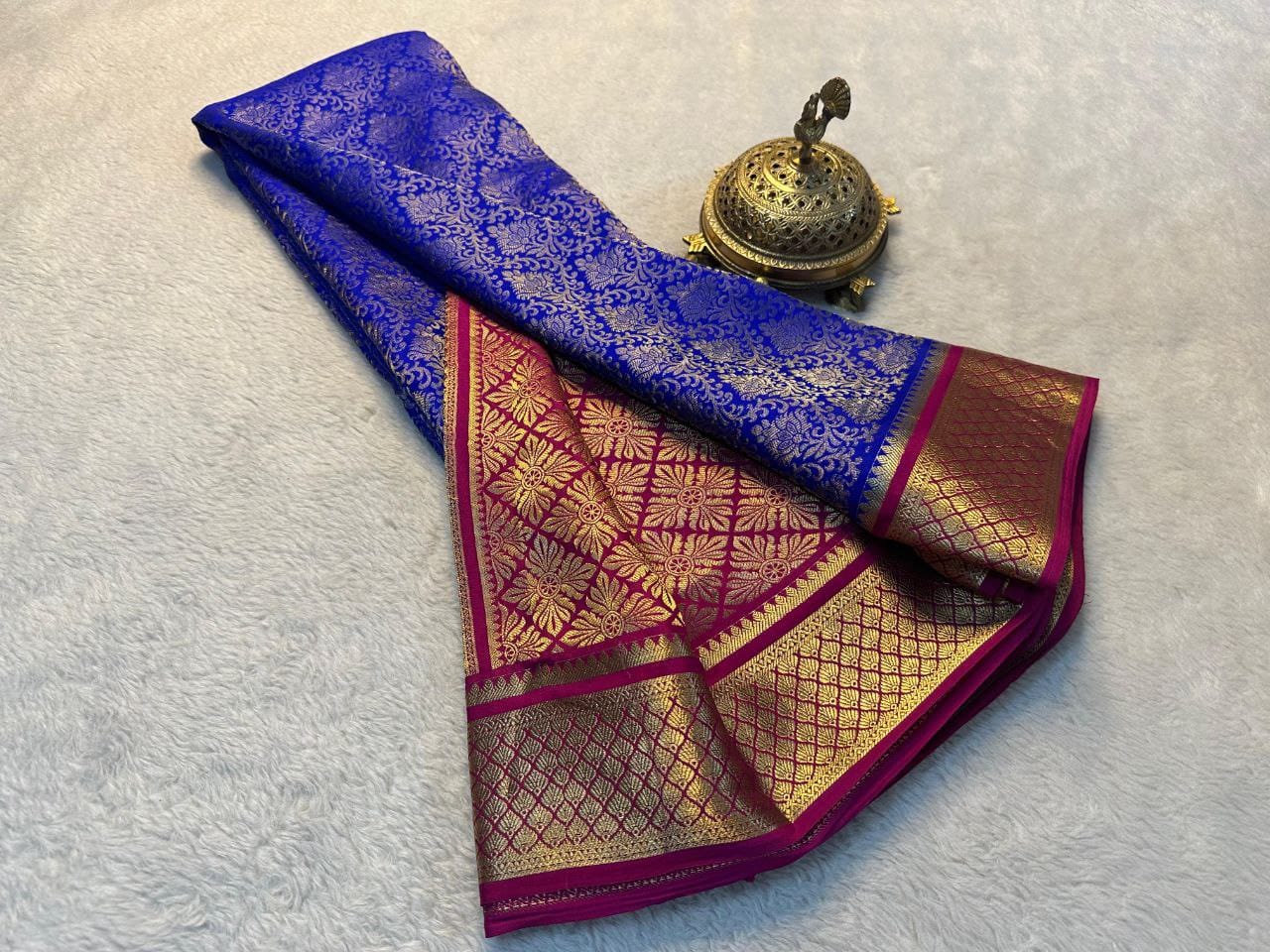Festive Wear Royal Blue Mysore Silk Saree with Pink-Gold Zari Border & Rich Pallu