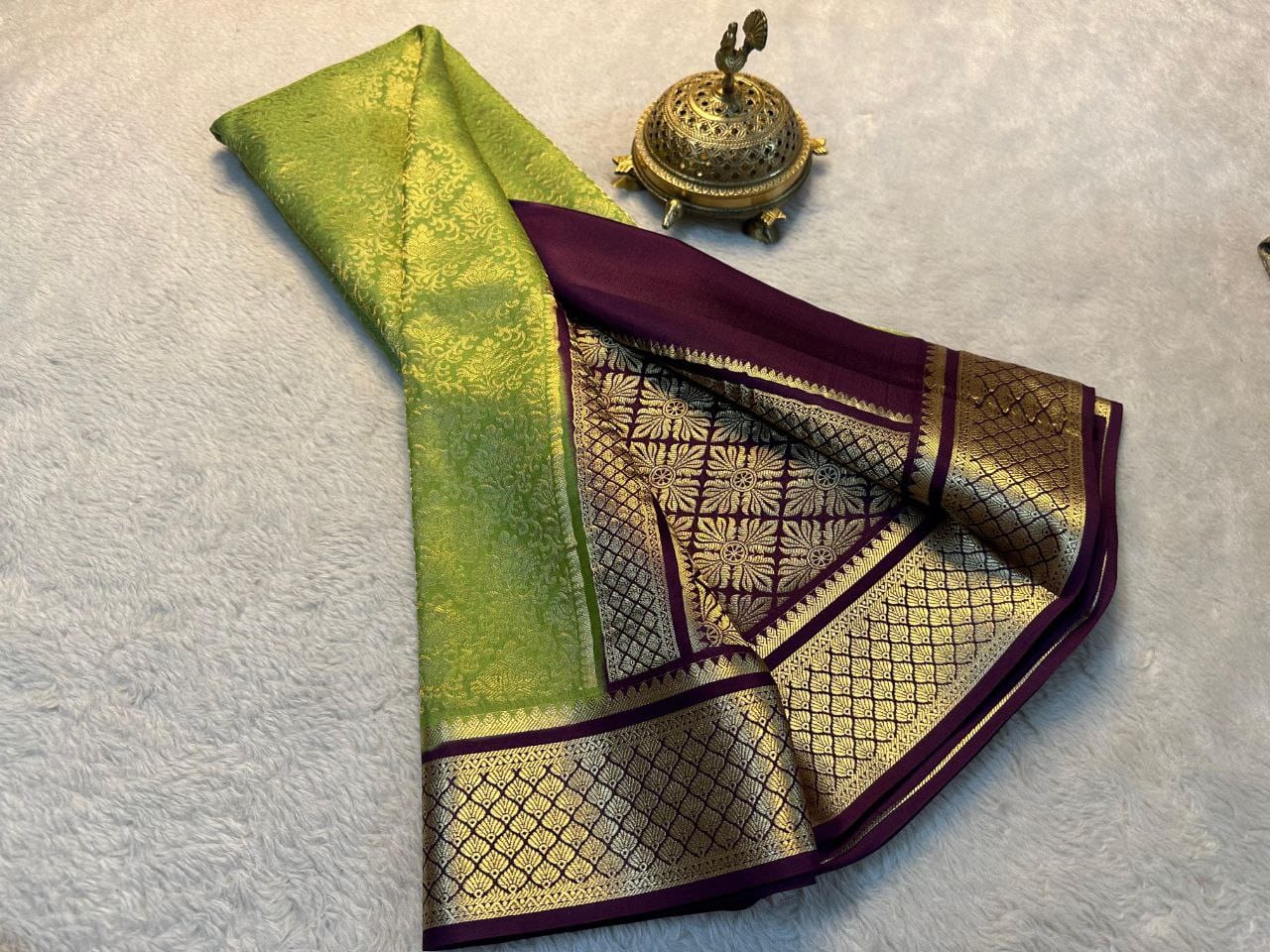 Festive & Wedding Wear Parrot Green Mysore Silk Saree with Purple-Gold Zari Border & Rich Pallu