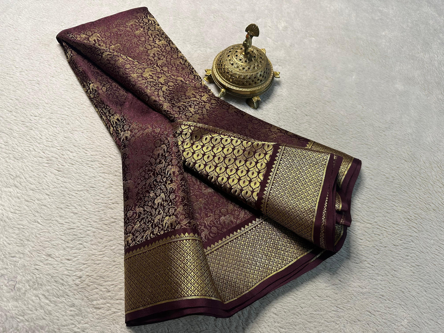 Pure Brocade Mysore Silk Saree with Zari Weaving & Jaccard Contrast Blouse