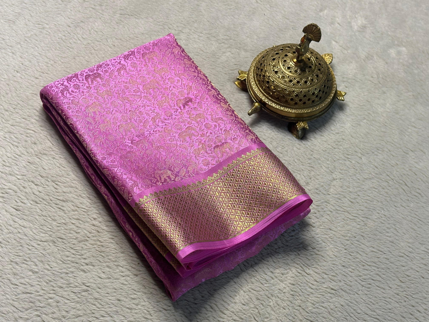 Pure Brocade Mysore Silk Saree with Zari Weaving & Jaccard Contrast Blouse