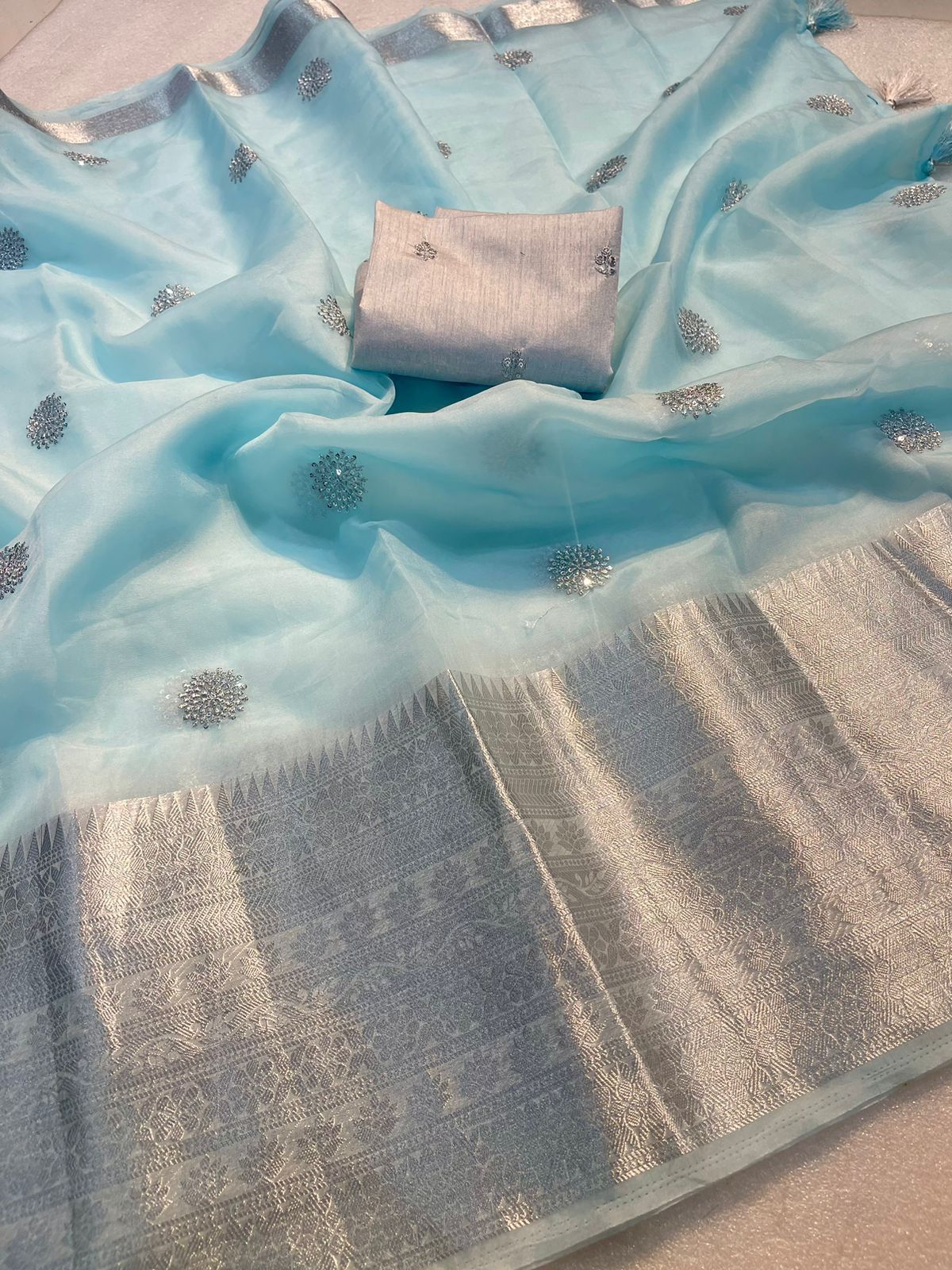 Wedding & Festive Wear Sky Blue Kanchipuram Organza Jacquard Saree with Sequins Blouse