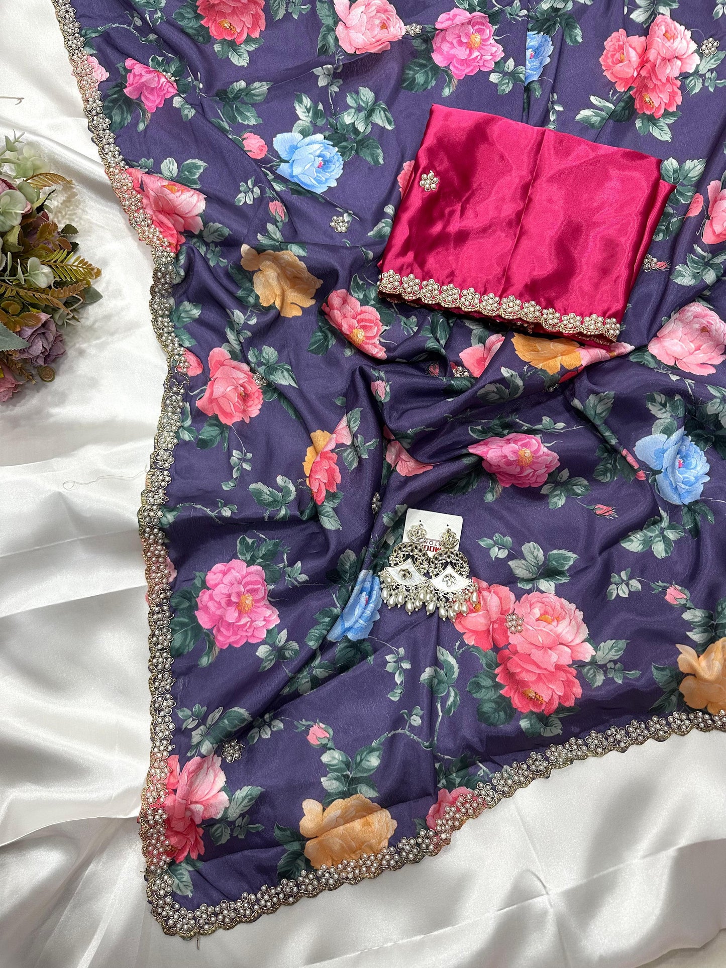 Chinnon sarees Festive Wear Violet Digital Printed Saree with Embroidery & Diamond Work