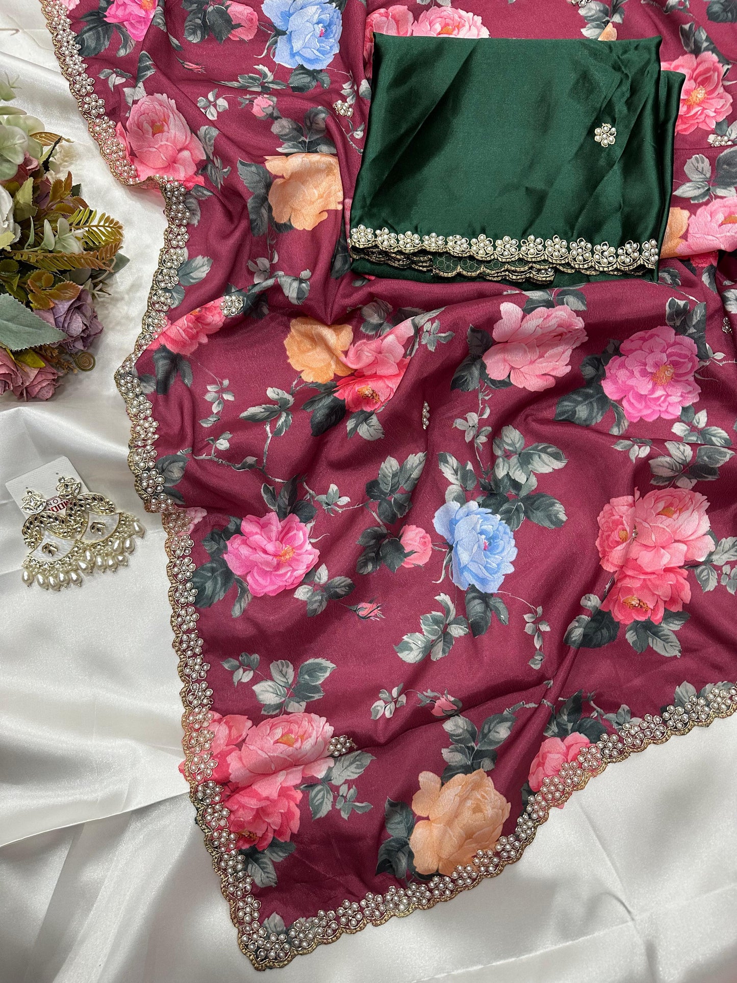 Embroidery & Diamond Work Chinnon Printed Saree with Green Blouse