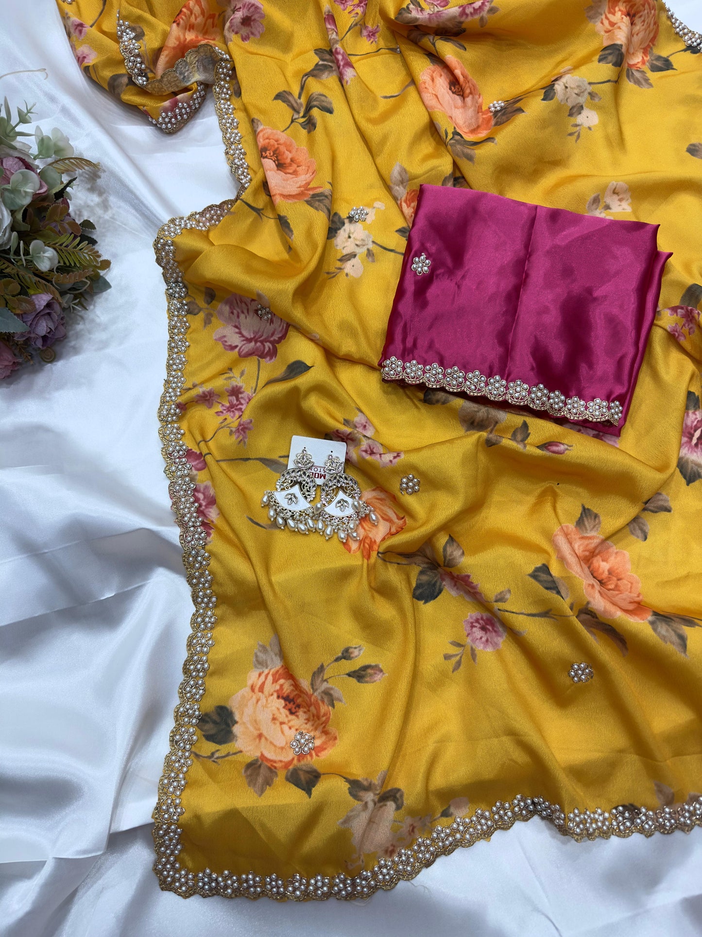 Chinnon sarees Yellow Printed Saree with Embroidery & Diamond Work – Pink Blouse Piece