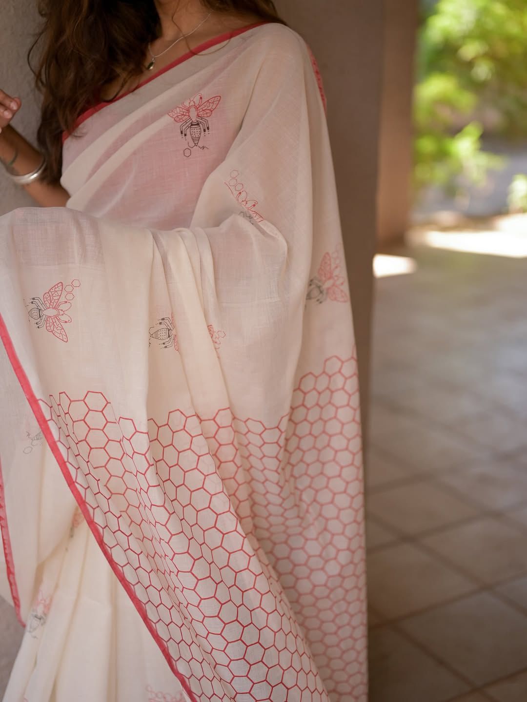 Soft Linen Digital Batik Print Saree with Blouse-Pink