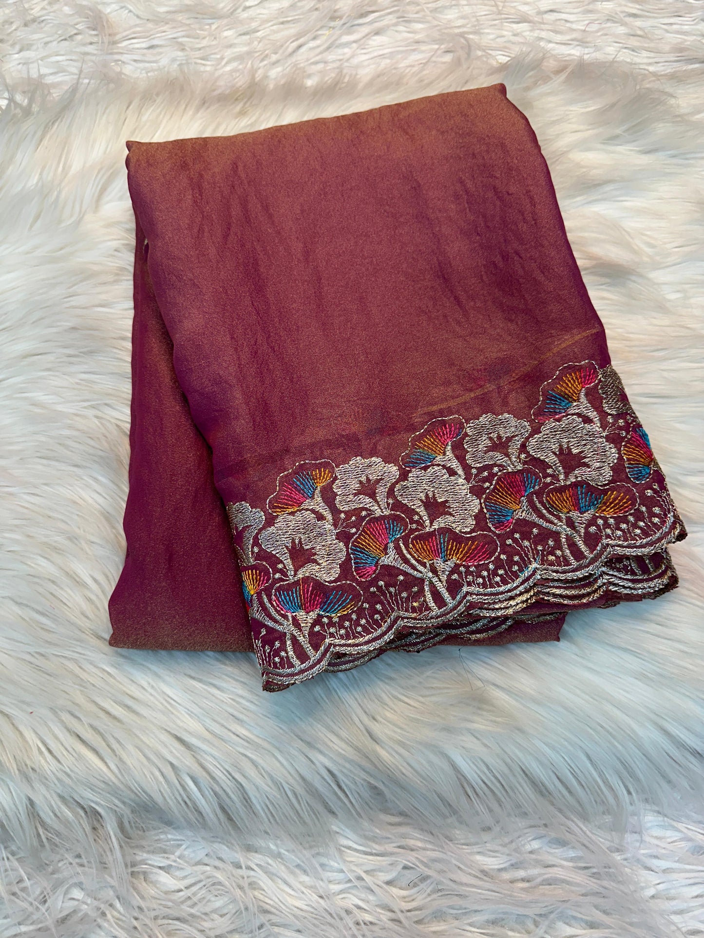 Exclusive Maroon Moss silk saree with Multicolor Floral Work & Contrast Blouse