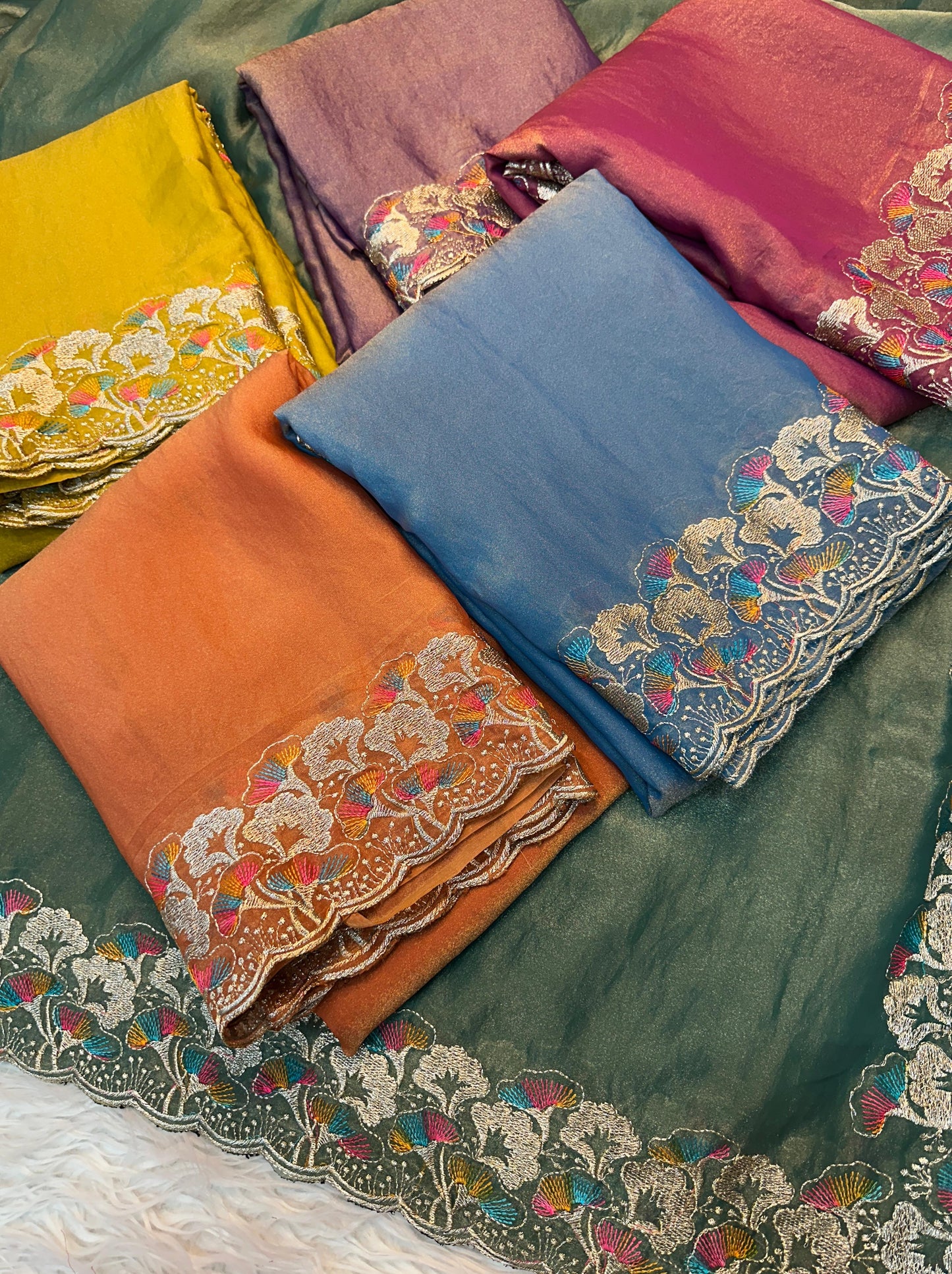 Designer Mustard Yellow Moss Silk Saree with Multicolor Embroidery Border & Contrast Blouse