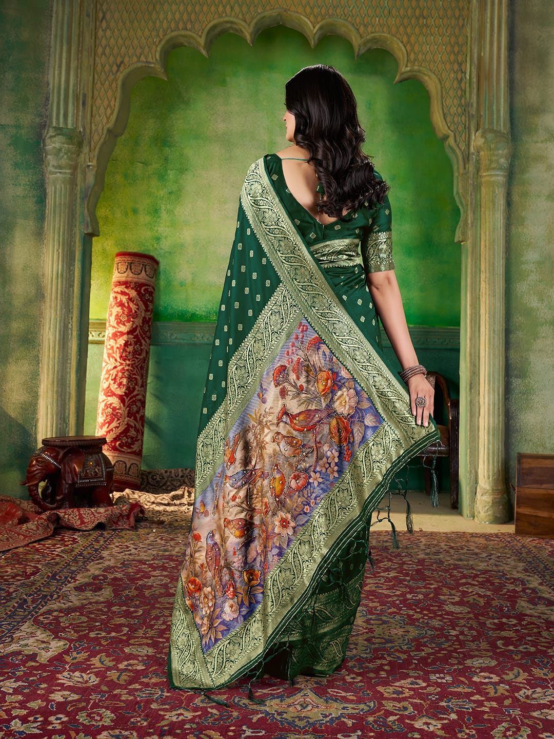 Jacquard Zari Weaving Saree with Woven Pallu, Handwork & Jalar