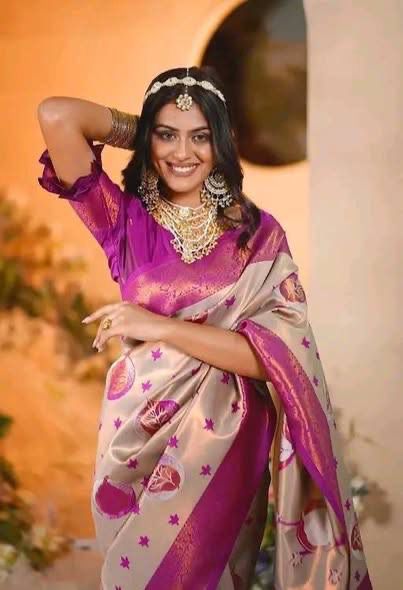 Wedding Wear Beige Banarasi Silk Saree with Dark Pink Border & Blouse