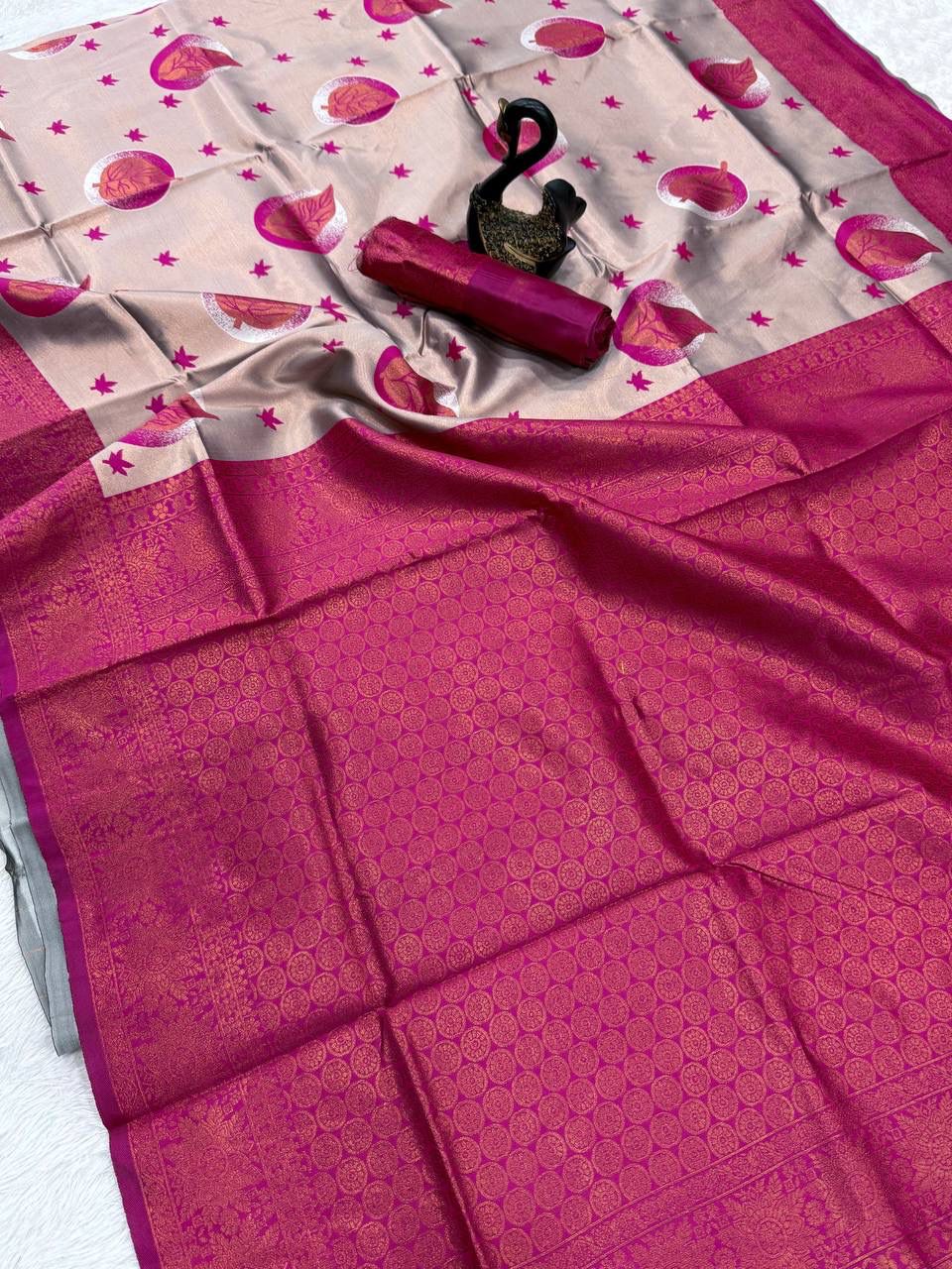 Wedding Wear Beige Banarasi Silk Saree with Dark Pink Border & Blouse