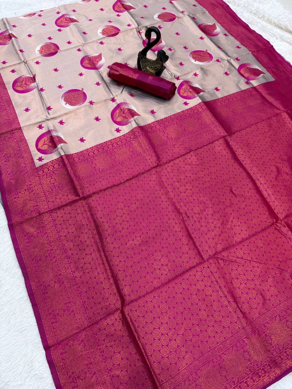 Wedding Wear Beige Banarasi Silk Saree with Dark Pink Border & Blouse