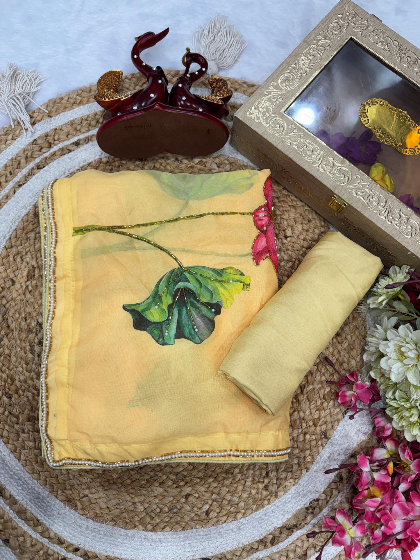 Designer Collection Exclusive Floral Handwork Saree Soft Tebby Silk with Beads & Katdana Work