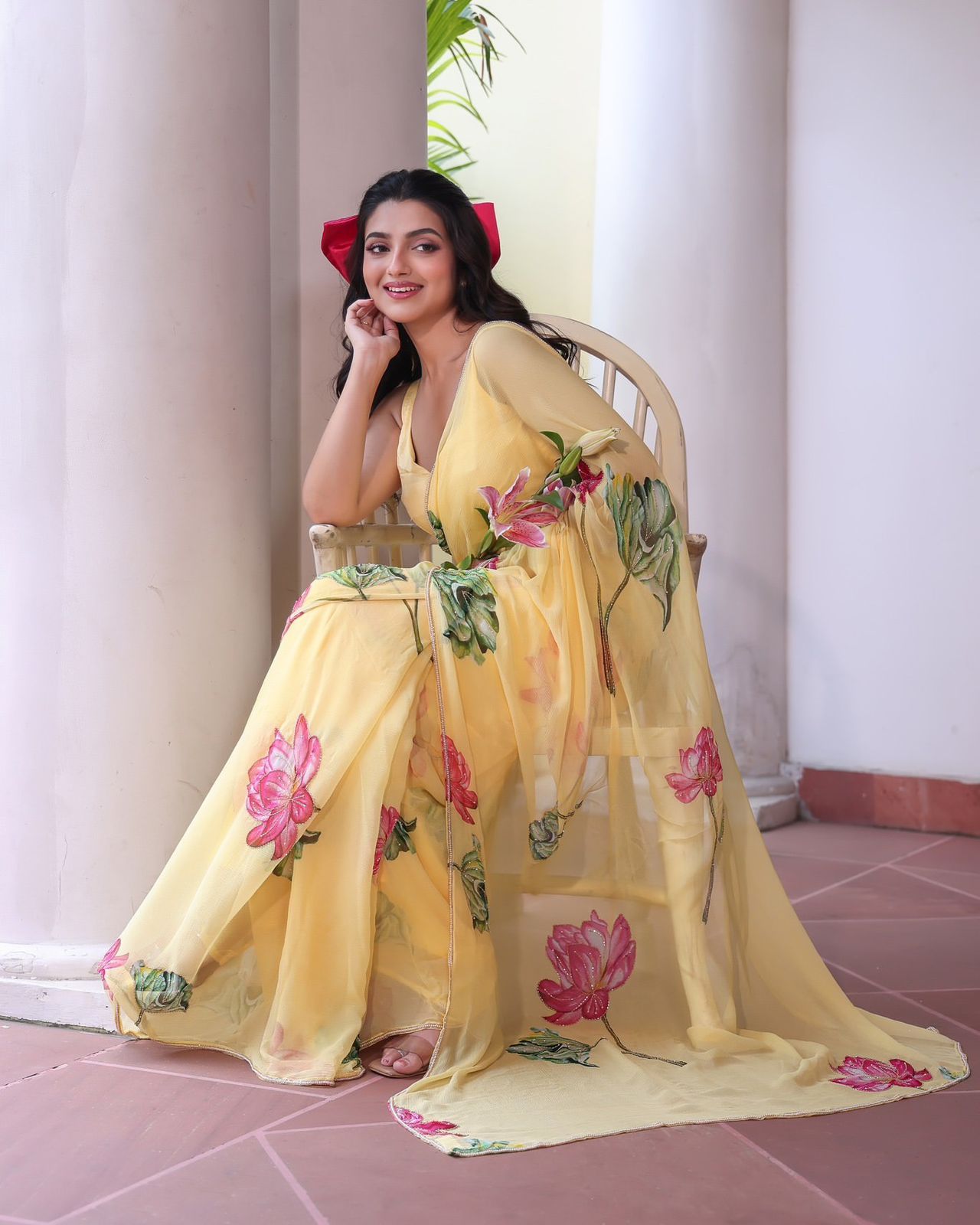 Designer Collection Exclusive Floral Handwork Saree Soft Tebby Silk with Beads & Katdana Work