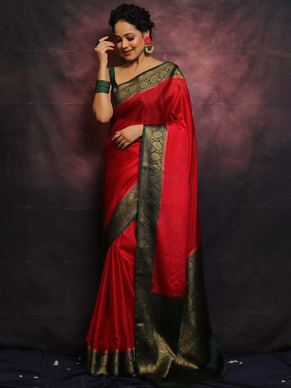 Festive & Wedding Wear Stunning Red Nylon Chinnon Saree with Green Blouse