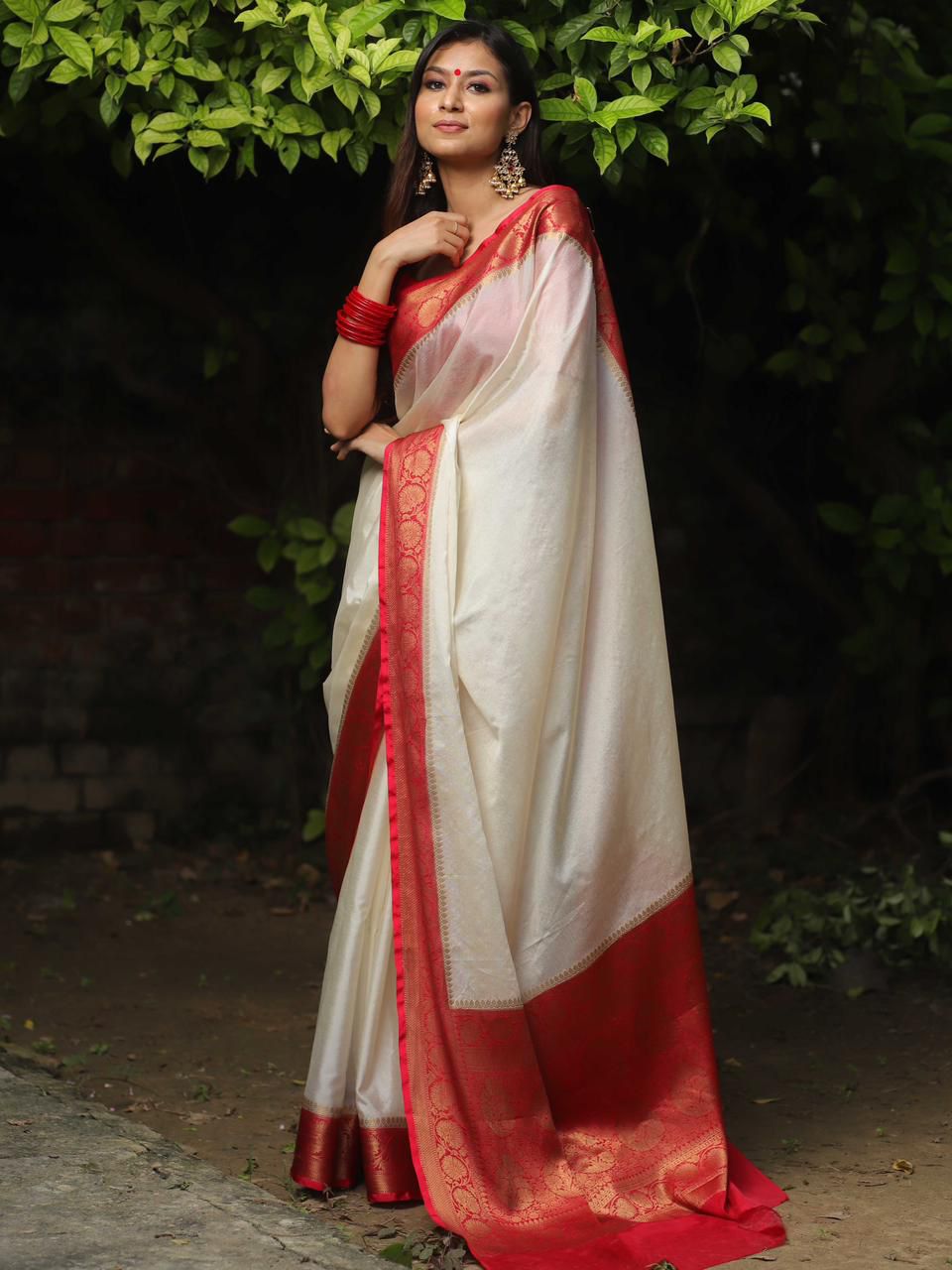 Wedding & Festive Wear Elegant White Nylon Chinnon Saree with Red Border