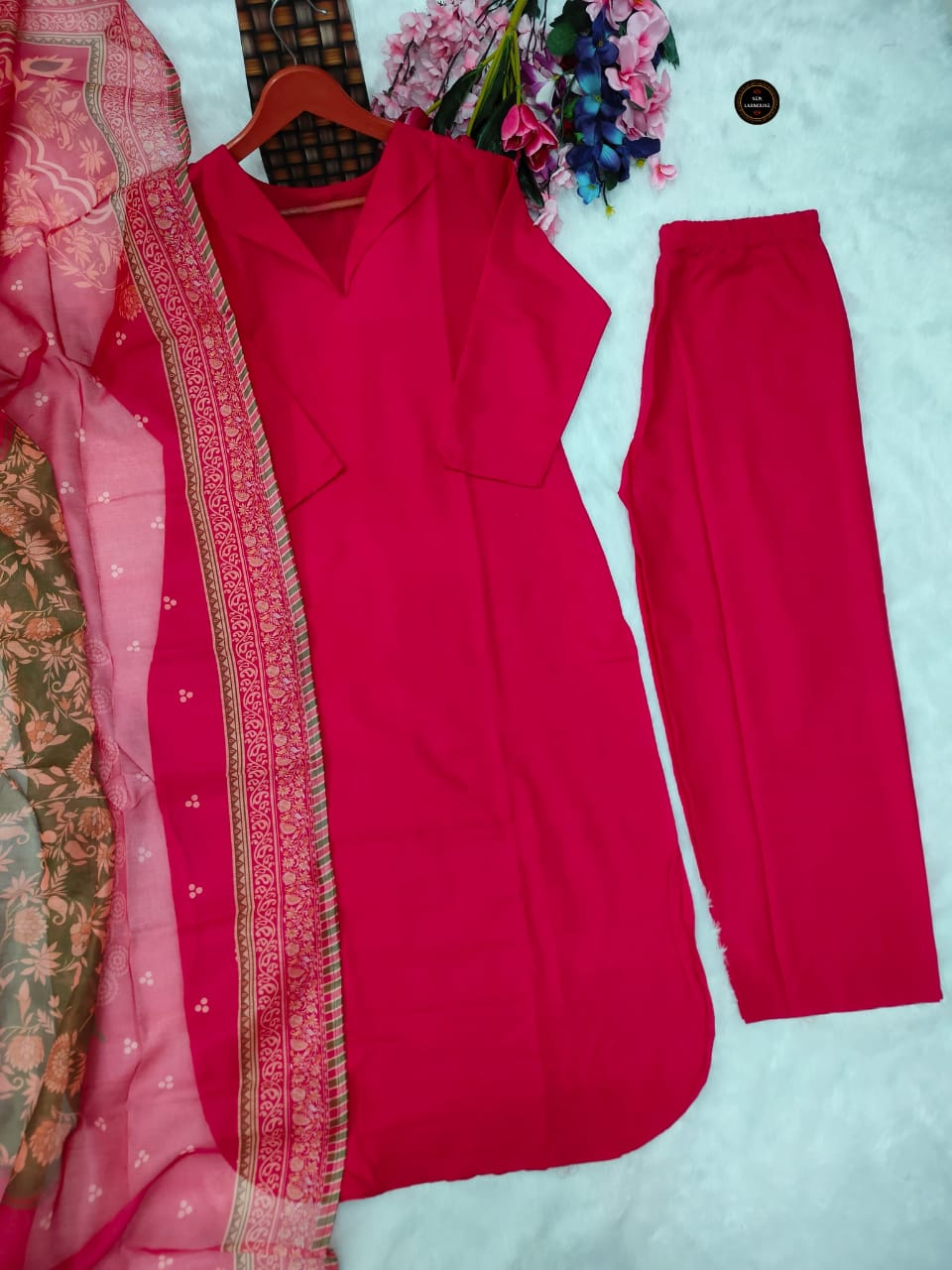 Exclusive Pink South Cotton Kurti Set with Embroidery & Chanderi Silk Dupatta
