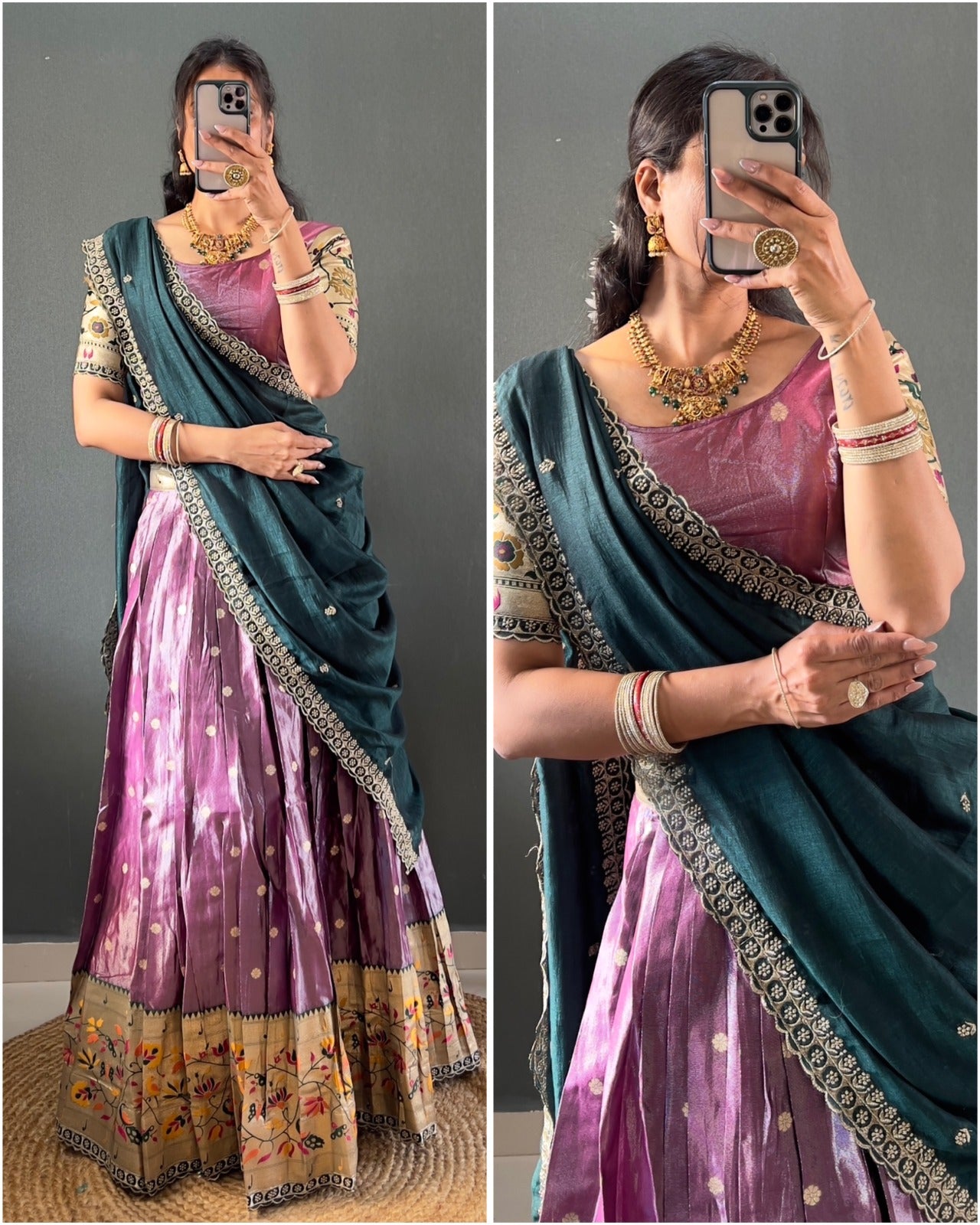 Lavender Tissue Silk Paithani Lehenga Choli with Green Vichitra Dupatta | Zari Weaving & Embroidery Work | Stitched | Size Adjustable (36–44)